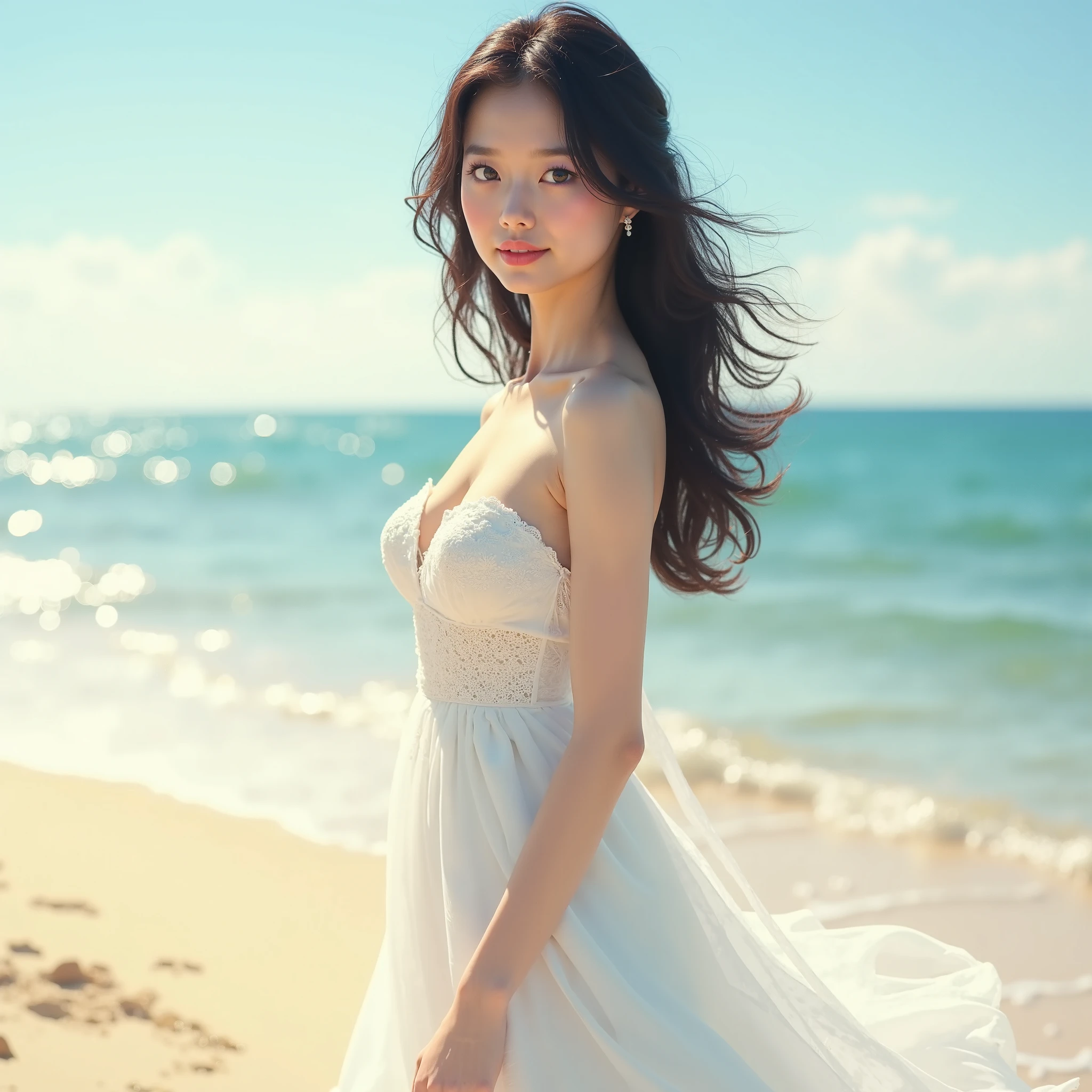 Great view of the coast, 1girl, (Bright Eyes, Tanned skin, Carefree expression), Beach Background, lighthouse, gentle sea breeze, Playful pose, Dynamic Synthesis, Golden Hour Lighting, Blurred background, Rich colors, Fine details, Surreal, 50mm lens, Relaxed atmosphere. Portrait Photography, 35 mm film, natural blurry, (The upper body is white and wrapped around the chest, Long skirt at the bottom), girl, Good fingers, Smile, whole body, Long legs, young girl body proportions