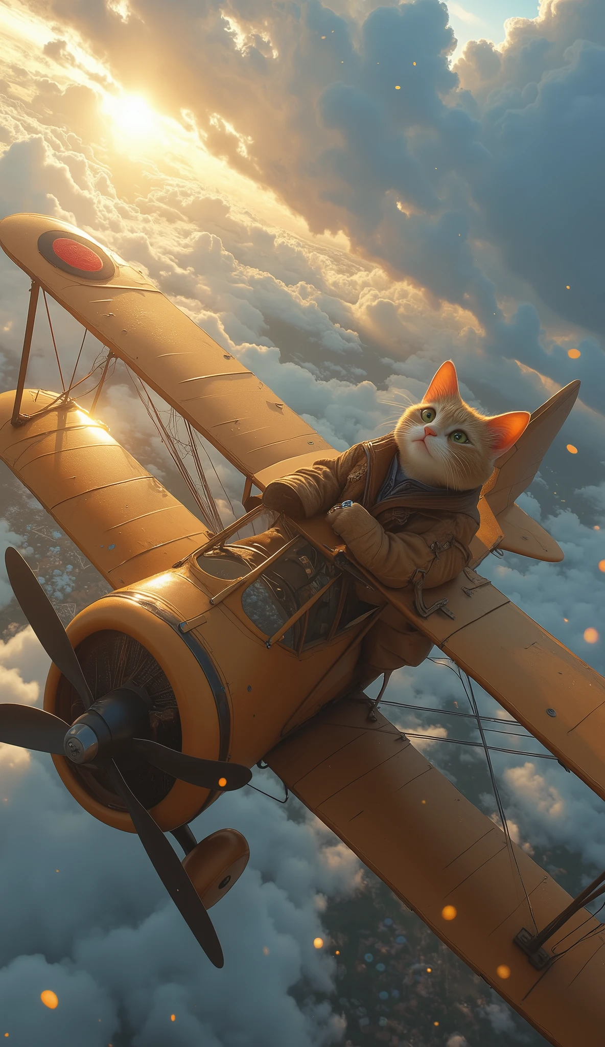 ghibli, 紅の豚, best quality , best quality , 16k, software, Looking Upwards with an Incredibly Dumb , very detailed, delicate and dynamic , natural light, particles reflect light beautifully , Diffuse reflection of light, vortex of light , Aerial, Biplane, Cumulonimbus, , create amazing image effects, body on the average, Biplane, (Cute cat, ,,Serious,, Biplaneのパイロット, leather jacket ,, sits in the cockpit, Puppy pilots Biplane)