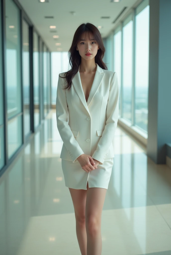 (of the highest quality, 8K, 32K, masutepiece, hyper HD: 1.2), 1 girl, Beautiful Japan woman Minami Tanaka、Minami Tanaka, 18 years old、, thin waist, of the highest quality, Photorealistic , 8K, High Definition, 1 girl, Female, (large full breasts: 1.8), Office, Pubic hair visible, Grey Suit, , Skirt boldly pulled up, At work (((Sit at a desk and open your legs wide)), Bend your knees and open your legs, slightly shorter hairstyle, White panty skin, White suit, Blouse opened, Office Lady, Suit, Mini skirt, Office, desk work, (Spread legs: 1.2), Fine face, Short hair, Rain on her face, Mouth open