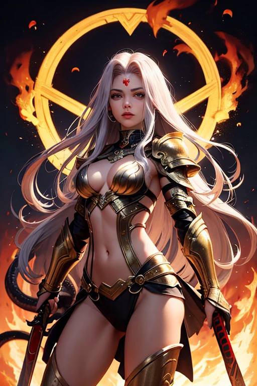: (((( Limited edition 1girl, medium view, standing, light background)), (no face), (shoulders and up, back to the viewer), (long black hair), (pale skin), ( समझable body minus abdominal section)), (medium breasts), pale skin, powerful physique, burning body, semi-see-through flames, gorgeous glowing flames, powerful pose, ruler pose, beautiful lighting:0.5, no arms visible, camera angle 45 degrees, medium size sword visible in waist, powerful no josei girl varshed back wallpaper:0.7))