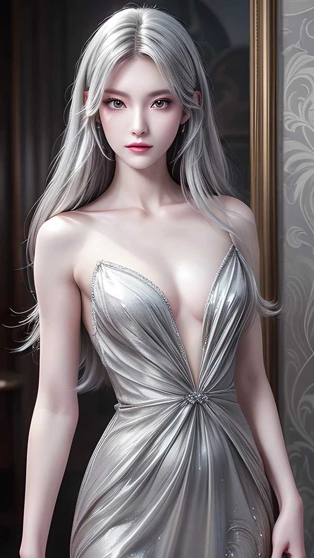 a woman in a long silver solid draped spaghetti dress, silver high heels, diamond hair piece, , shoulder length slightly wavy hair, ((white hair)) and gleaming detailed gold eyes, slim frame, medium breasts, long legs, beautiful face, small butt size, small feet size, small hand size, perfect hands, scary face, beautiful face, pretty face, hot woman, British woman, cream skin, small soft pink lips , medium breast size, slim figure, standing pose, soft features, cute girl, perfectly framed face, soft pink lips, glossy lips