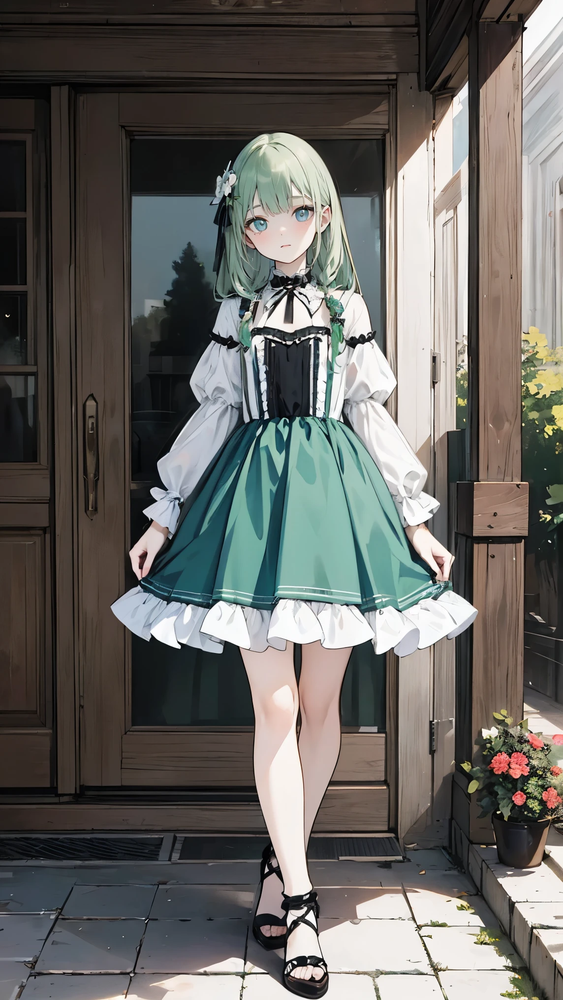 proportional body, realistic fingers, natural facial features,anatomically accurate,High Quality,Amazing Details,ultra high resolution,(realism:1.4),best illustration,(full body image from head to toe:1.2),Amazing details, 8k photos, Hyper realism, Professional Light, Realistic Background, Visual depth, Background blur, Wide-angle lens,(cute flat chest), 1 girl,colored eyes,green long hair, (ta fashion),cute porch, street, fashion