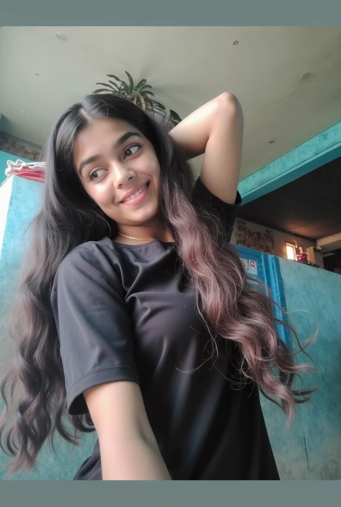 ((best quality)), beautiful cute young attractive indian teenage girl, village girl, 18 years old, cute, Instagram model, long black_hair, colorful hair, warm, dacing, in home sit at sofa, indian