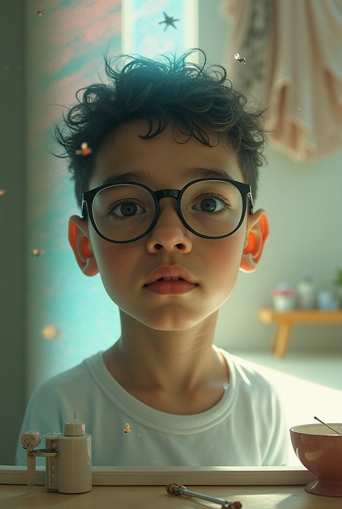 Imagine an adorable three-year-old, wearing glasses, (((sentado em um banco de madeira, Located in a square))) charmosa. The scenery is magical, pois o ((Sun is rising on the horizon, Painting the sky with warm shades of orange and pink)).The boy is beaming from ((felicidade)), His eyes sparkle with admiration as he watches the spectacle of the sunrise. His glasses reflect the first rays of the morning sun, criando pequenos pontos de luz. The scene is extremely detailed, with every detail of the square, como os ((bancos de madeira)), as (flores) coloridas e as pedras do caminho, sendo cuidadosamente representados. The image is captured in high resolution, providing a rich and immersive visual experience in 8K.