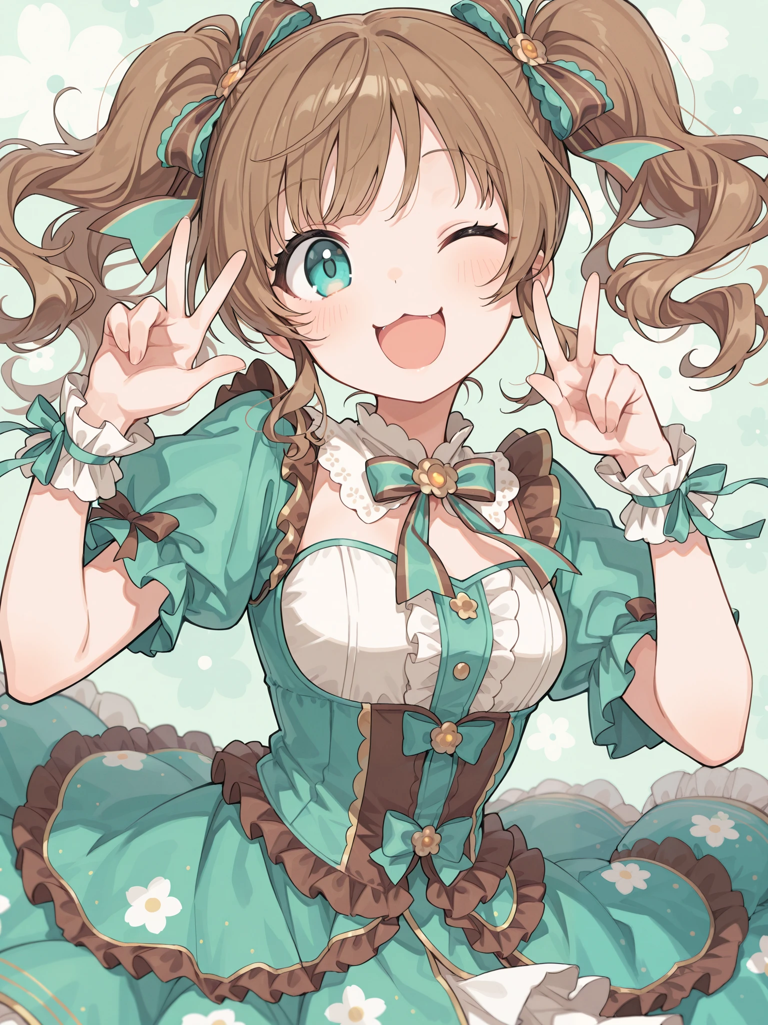 ultra-detailed illustration of 1girl in sweet ta dress, solo, brown wavy hair, twintails, laced hair ribbons, aqua eyes, wink, happy smile, open mouth, :3, brown and mint green toned idol costume, dynamic pose, cute pose, perfect anatomy, perfect hands, five fingers, pop background, floral background, masterpiece, best quality, beautiful and aesthetic art