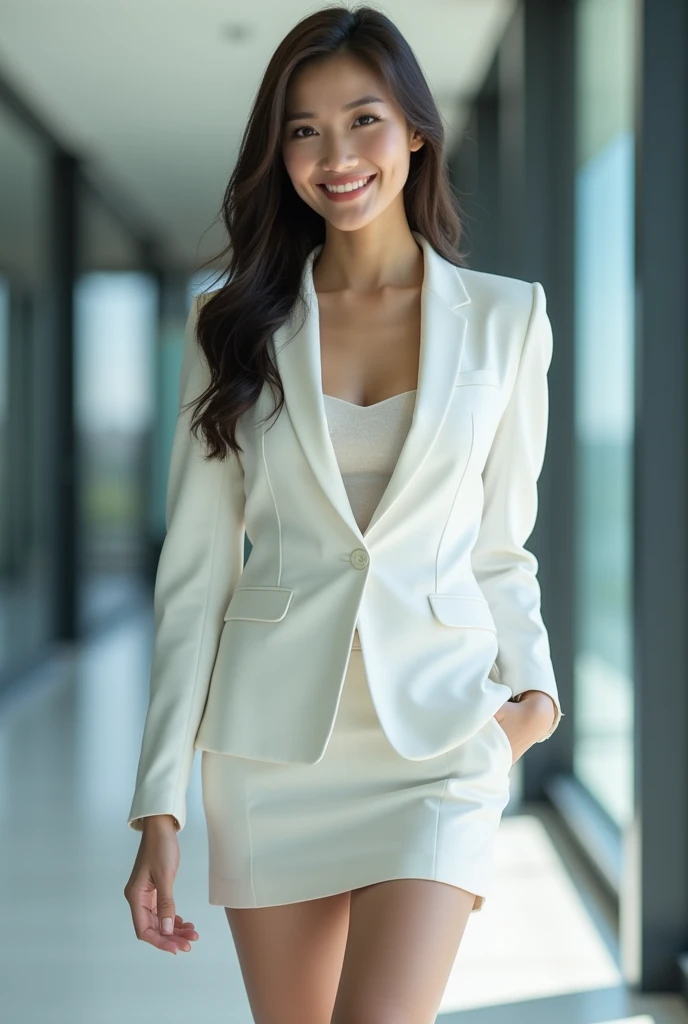 A Vietnam beautiful 3 in white polite suite she stand in front of the modern office, on the left hand is the AI screen