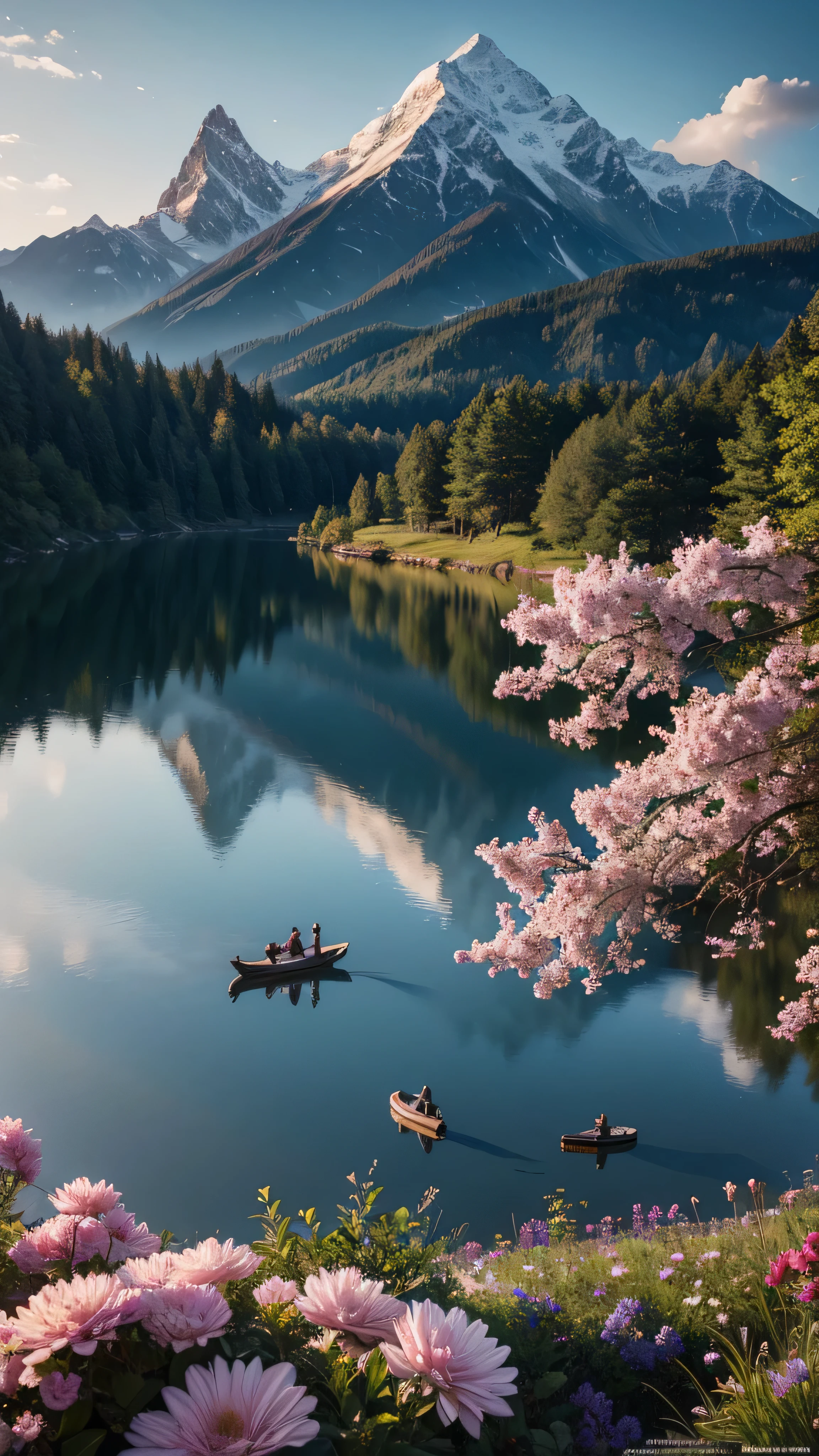 High Definition Oil Painting 、landscape, Waterfowl and Beautiful Flowers 々 Lake View ( Highly Detailed CG Unity 8K Wallpaper), World's Most Beautiful Artwork , Professional Majestic Oil Painting , complicated, high detail, sharp concentration, dramatic, Photorealistic Painting Art