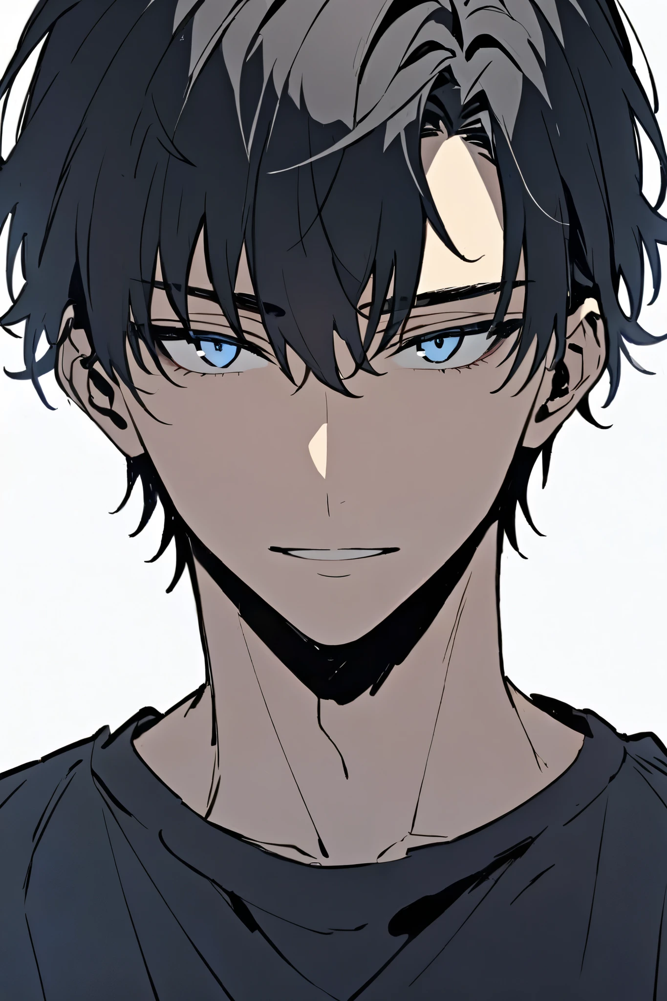 Handsome, solo, male, short male, short hair, black hair, blue eyes, black t-shirt, looking at viewer, facing viewer, simple background, white background