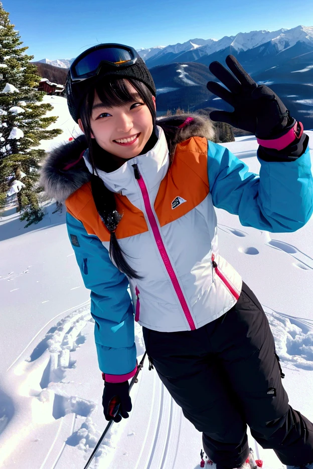A 20-year-old Japanese woman with black bob hair and bangs, wearing stylish modern ski attire including a colorful ski jacket, snow pants, and gloves. She stands on a snowy mountain slope, holding ski poles and smiling brightly at the camera. The background shows a beautiful winter landscape with snow-covered trees and clear blue skies. The atmosphere is cheerful and energetic, capturing the excitement of Ski Day.