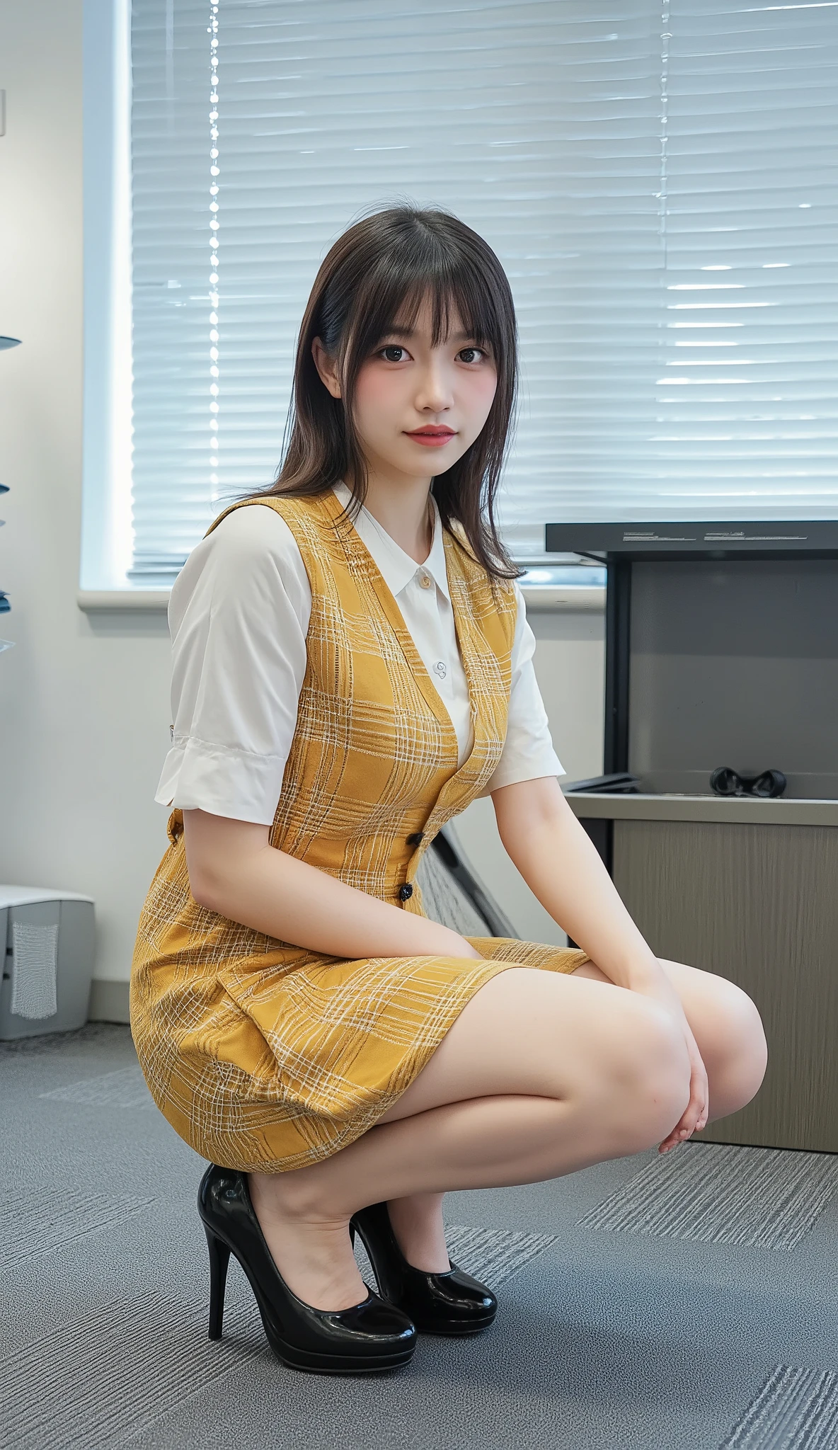 ulzzang-6500-v1.1, ( RAW photos :1.2), ( photorealistic ), (Genuine:1.4), 1 girl 、 Complete anatomy、48 years old、 look at the camera、 medium long hair 、 yellow plaid vest、(( standing:1.3))、( squatting in an office district :1.2), ( high heels)、( business services )、