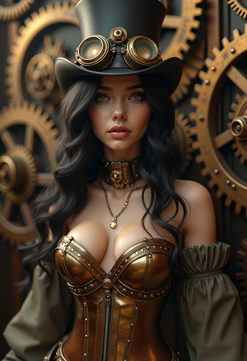 Beautiful woman in insanely intricate Retro-Futuristic Steampunk Outfit