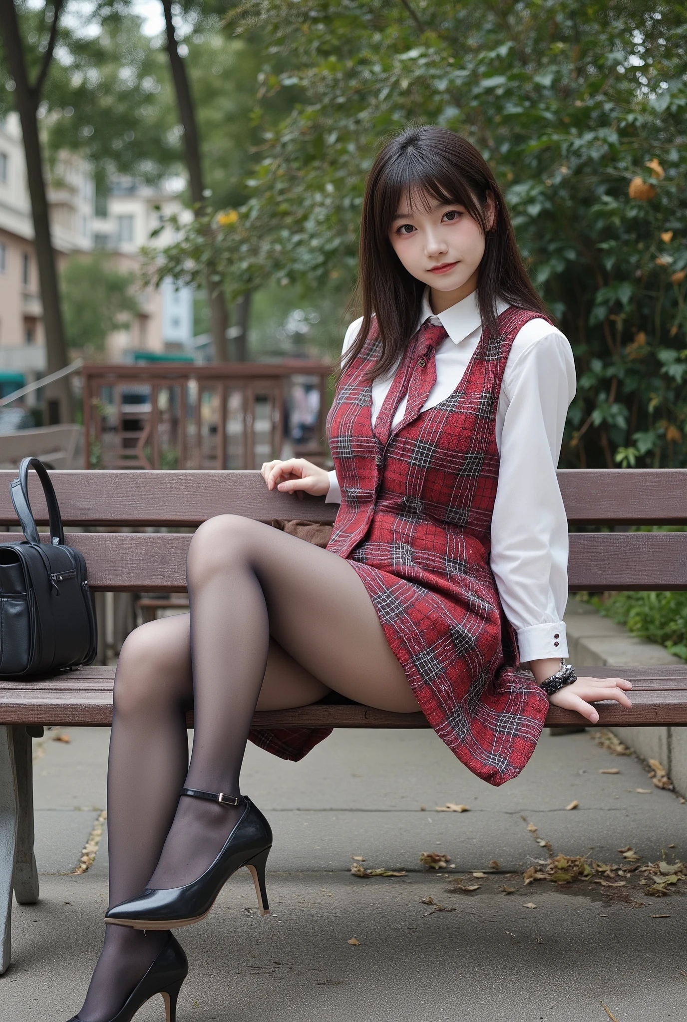 ( RAW photos :1.2), ( photorealistic ), (Genuine:1.4), 1 girl 、 Complete anatomy、48 years old、 look at the camera、 medium long hair 、 Plaid Vest 、(( sitting on a bench:1.3))、( perfect and super realistic pantyhose :1.5), ( high heels)、( business services )、