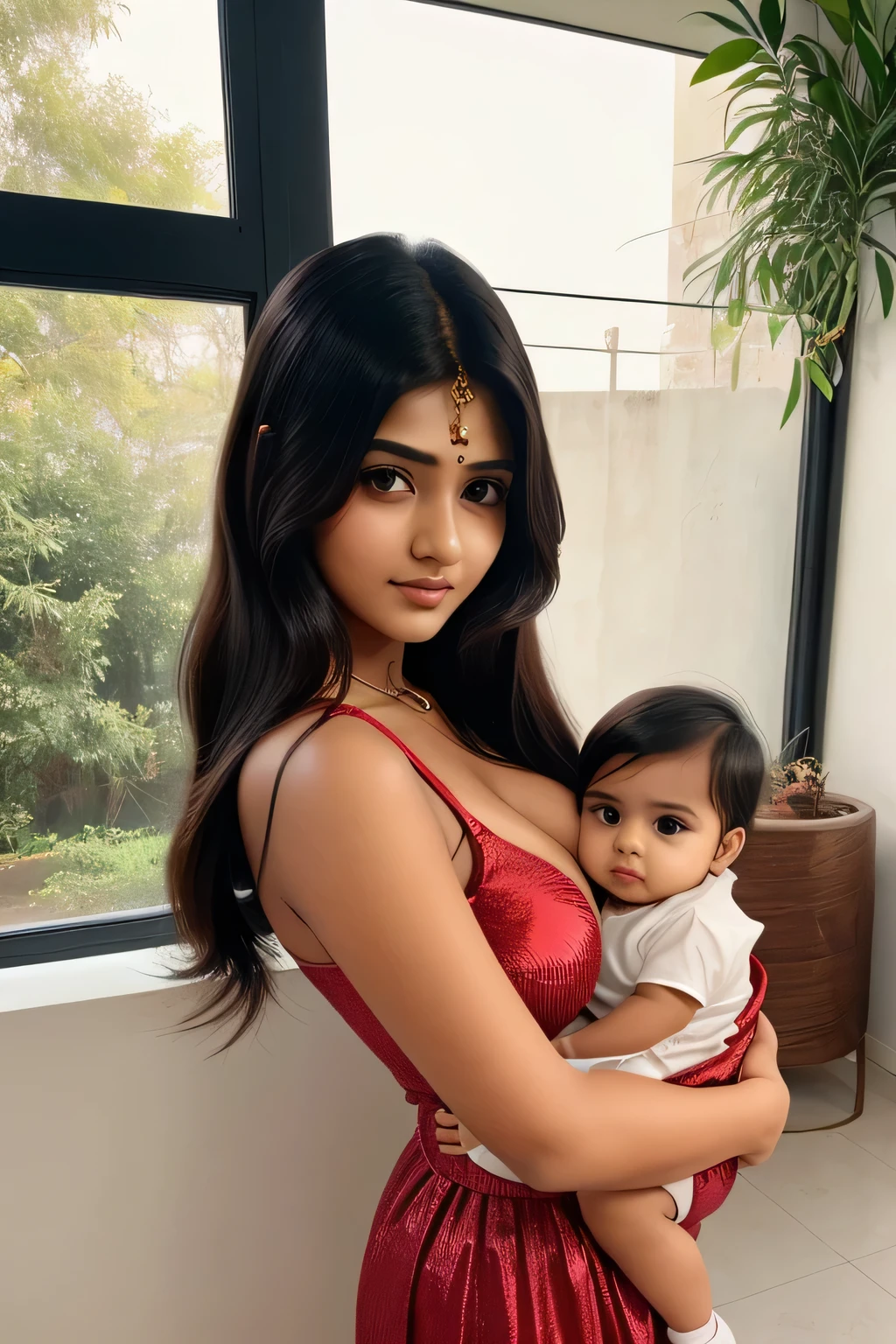 cute beautiful full hot romantic mood indian girl with smily face with small size boobs with different types of Hair style with stylish trending modern different color full stunning dress with his 4 years old cute baby with pregnant with cute full size straight full size image with hot pic