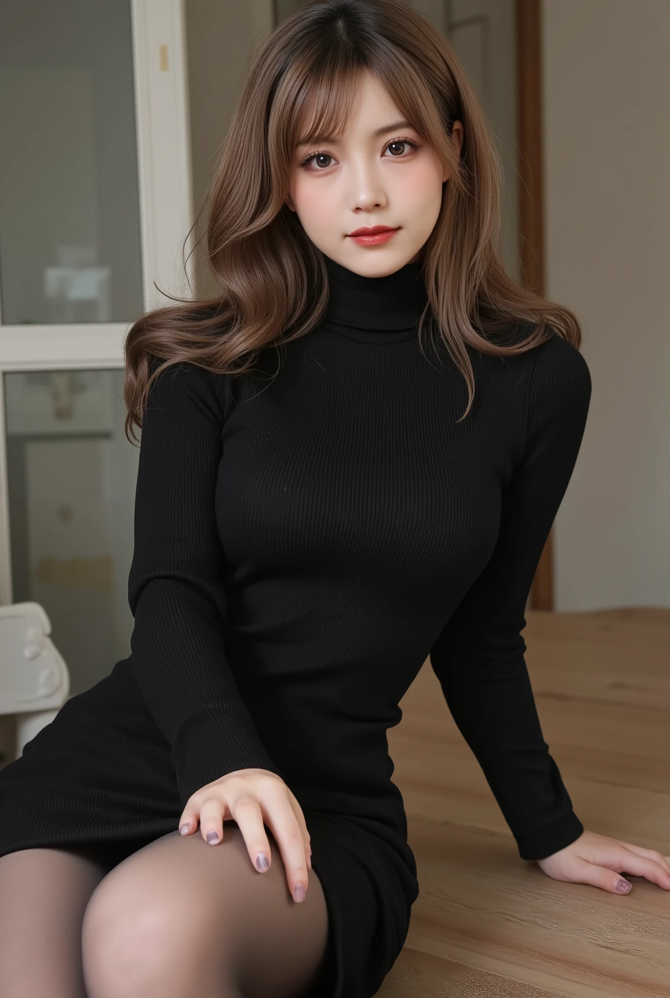  Beauty ,  Mature Woman , Masterpiece,  very detailed,  detailed face,  beautiful eyes, Details Eye Shadow ,  lips, Red lipstick,  light brown hair ,  full body,  wavy hair,  wear a black sheath dress , turtleneck, Exposing the legs, Sexy thick legs ,  wear super realistic pantyhose、