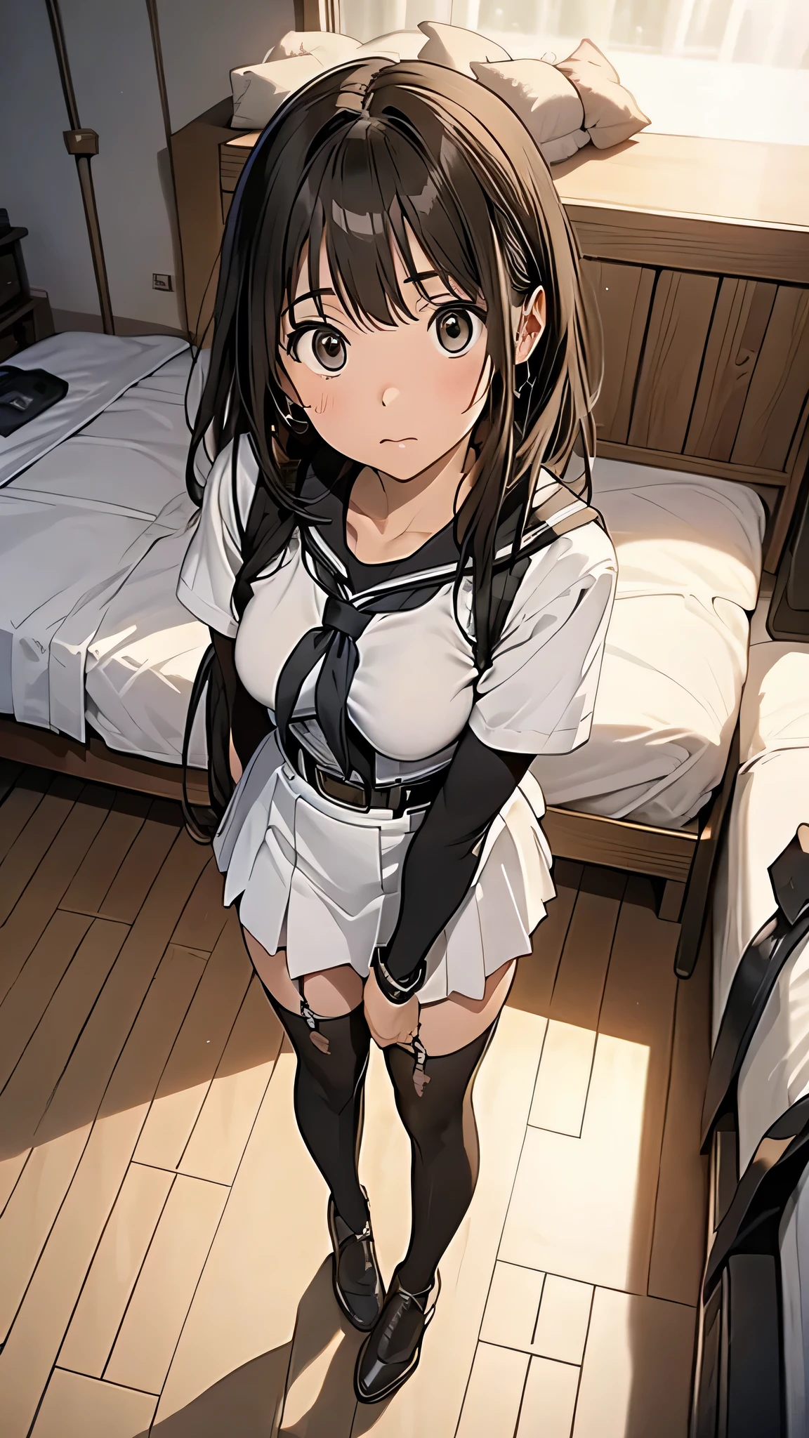 ((sailor uniform)), OTN, bound, scared expression, (Highly detailed CG Unity 8K), (highest quality)，(Very detailed)，(Ultra-high resolution), 1 female, White gag, Sailor suit, Rope Bondage, breasts Rope Bondage, hands back Rope Bondage, leg Rope Bondage, thigh Rope Bondage, bust Rope Bondage, feet Rope Bondage, Put your arms behind your hips, Wrists tied, Tie your ankles, Gagged with white cloth, Dark Blue Skirt, ((Black Stockings)), Black garter belt, loafers,