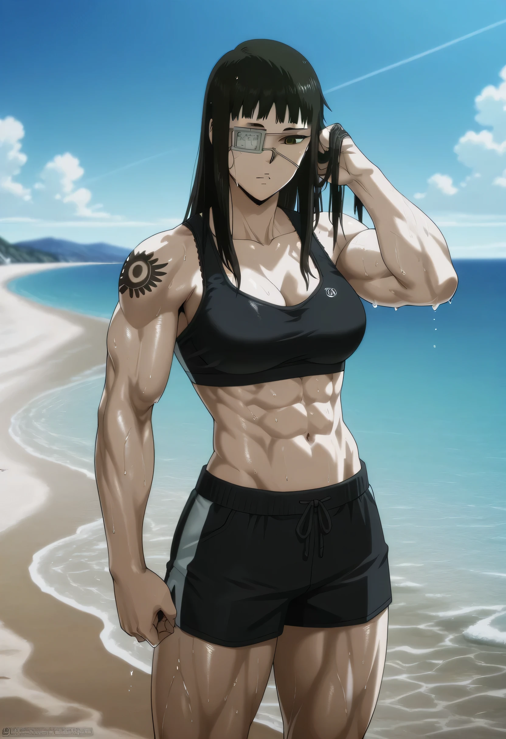 1girl,solo,mm,mature female,black hair,eyepatch,brown eyes,medium breasts,anime coloring,long hair,
muscular,black sport bra and black sport shorts,cowboy shot, hand in own hair, wet,beach, tattoo,
,masterpiece,best quality,amazing quality,,muscles and,muscles lines,muscles big size,pelvis muscles,strength muscles looking,dynamic air,Valmet handsome face,Shining abs and shoulders,eight-pack,iron muscles, Elastic shorts