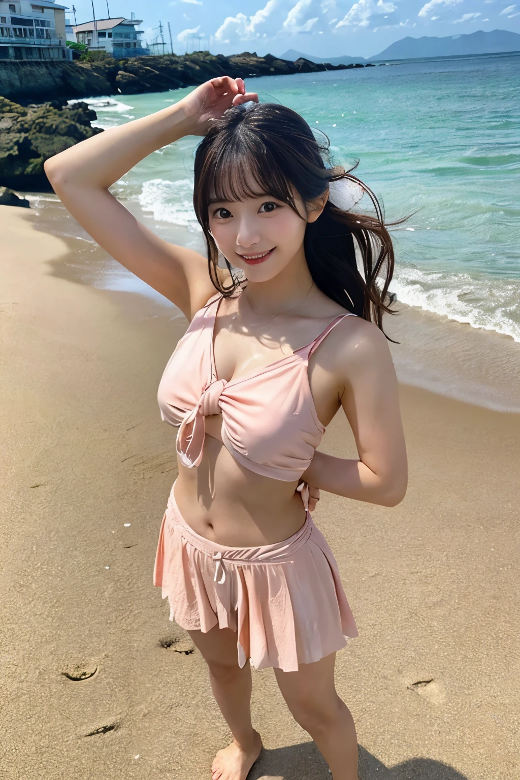 profile、Turned around、Butt,Flat Chest、(Slim body)、((Slim body))、Long Hair,Straight Bangs,Embarrassing,masterpiece,diamond、Earrings,background of fantasy,(((Brown Hair)))、 hair ornaments,Headband,Brown Hair, ((pastel colour, Frills)), looking at viewer,Hawaiiの海,Hawaii、 surfing、surfboard、Hawaiiの海でsurfingを楽しんでいる、Riding the wave、Beautiful sea、Highest quality, High resolution, unity 8k wallpaper, (shape:0.8), (Beautiful details:1.6), Highly detailed face, Sing happily、looking at the camera、laugh、smile、
