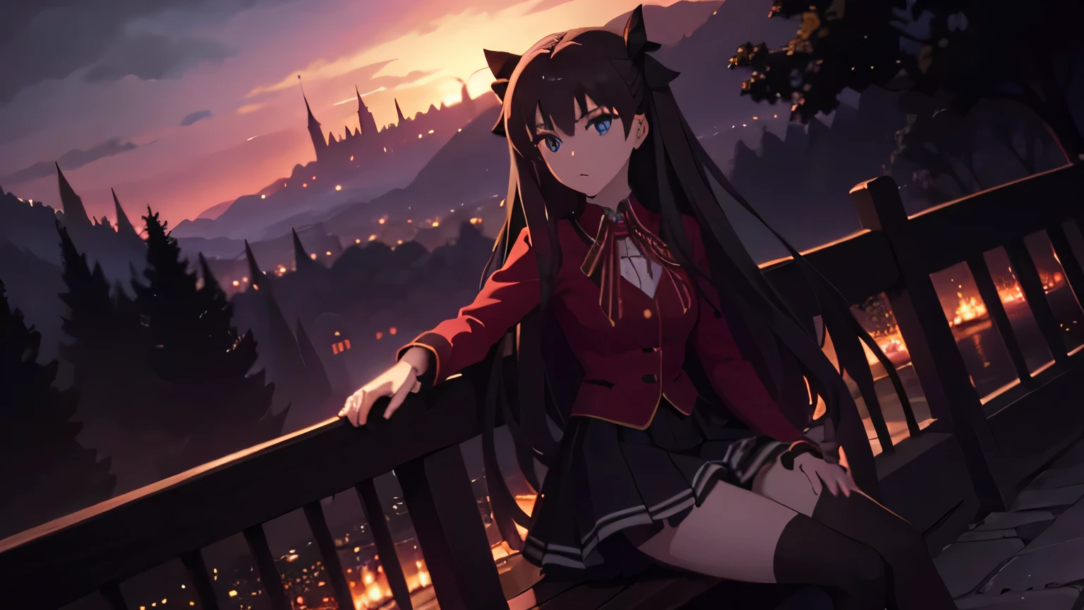 tohsaka from fate; up to down perspective; long and beautiful thighs and legs;lying mistress pose; staring on sky; mini-skirt; full stockings; aesthetic; bohemian; realistic; skinny fit; emo; night city background; Dark fantasy ; focus on hips; goddess; beautiful solo girl; cute eyes; epic scene; red and black outfit