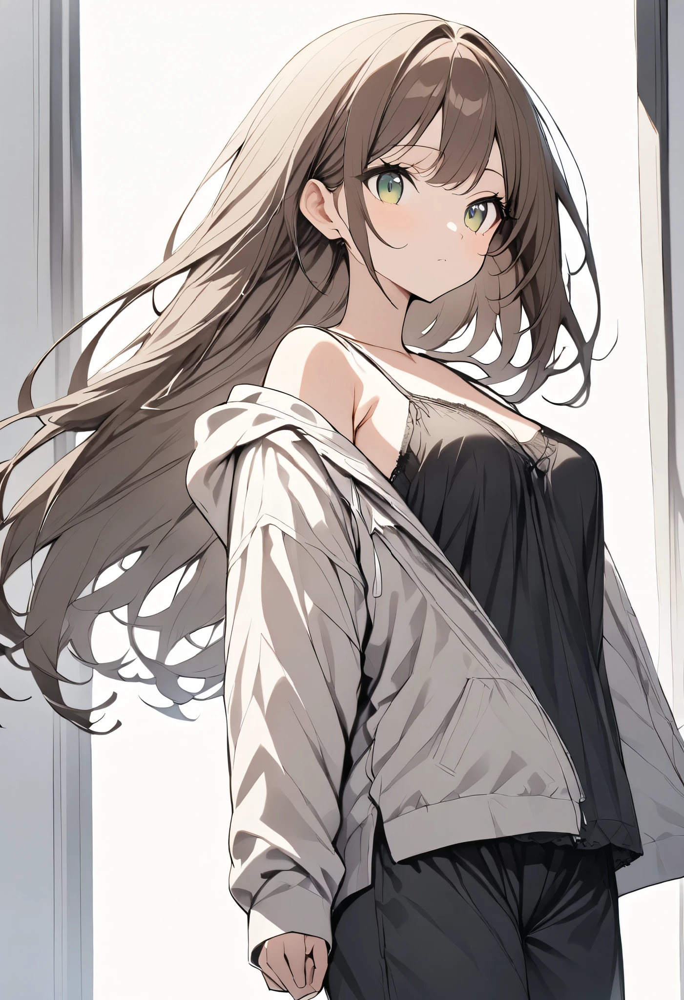 {{masterpiece、 Attention to Details, perfect eyes}}、((White background,from front, cowboy shot、 Eye Level Shots )) 1 woman、 dark brown long hair 、 straight hair、 green eyes、we have、 medium breasts、 expressionless、Standing Upright、Black Camisole and Black Silk Pajama Pants,grey open hoodie