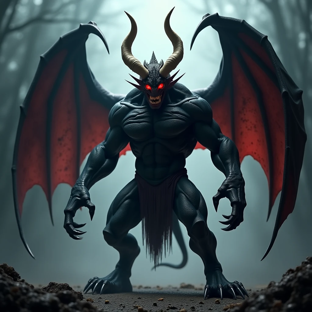 outdoors, forest, mist,nosferatu zodd, stalk betwen trees, demon form, two big horn, mad, giant wings, looking at viewer, close shot,