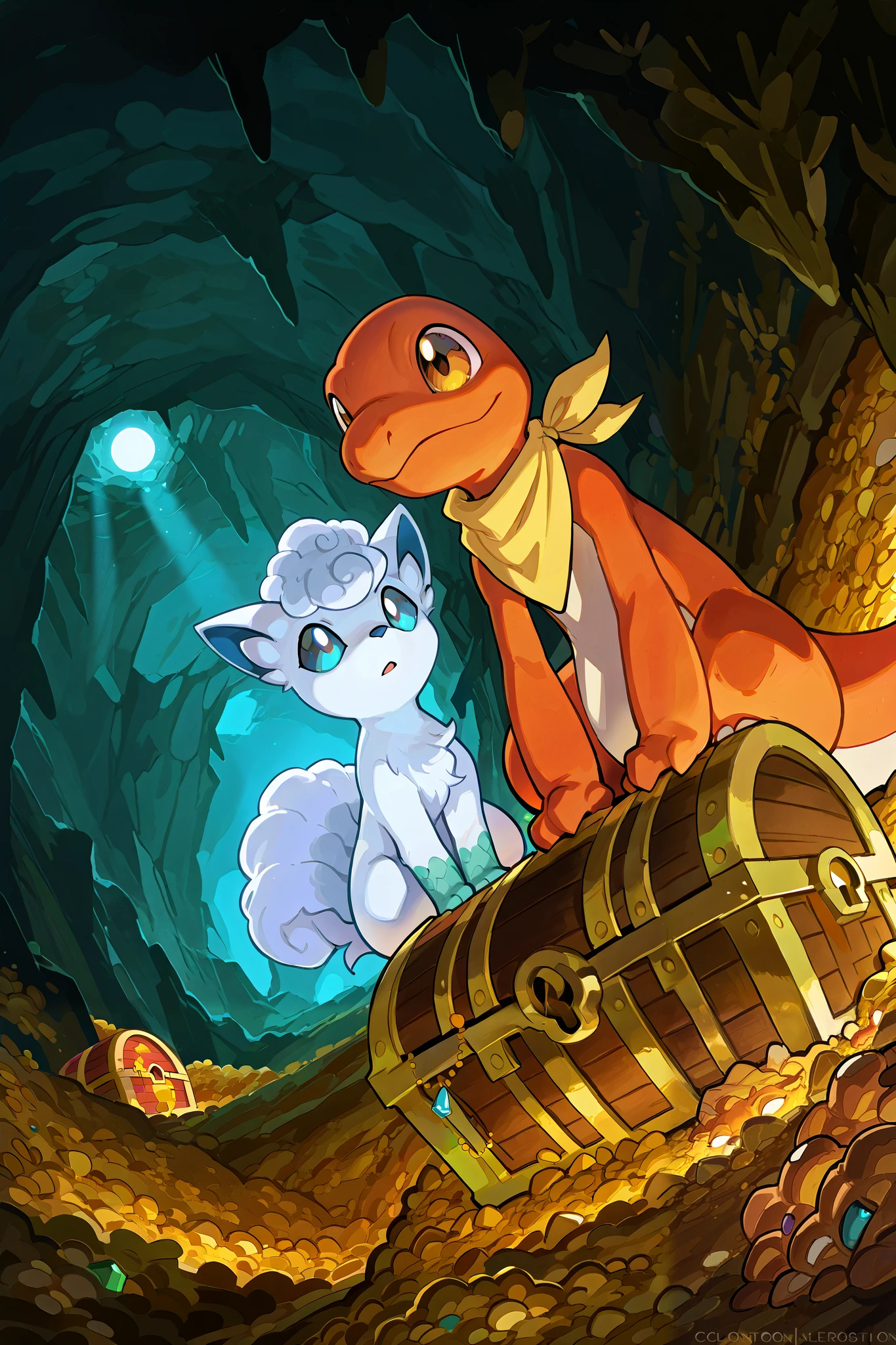 (duo), illustration:1.4, flat colors, colorfull, lineless, meesh art style, by hioshiru; char1 and char2 opening a chest:1.25, right in front of the char2; [char1="alolan_vulpix:1.25, yellow_bandana:1.2, fluffy, white fox"][char2="charmander:1.25, rescue_medal, blue_bandana:1.2 perfect scales texture, orange  lizard, "]; crystal cave, cave, (treasure'chest:1.4), treasure, feral:1.4, big eyes,  pokemon_mystery_dungeon scenario, (white fox and lizard illustration):1.5, (dutch angle), eyes reflection, glowing treasure, (dynamic); detailed eyes, masterpiece, breathtaking, high quality, best quality, very aesthetic, cinematic light, 