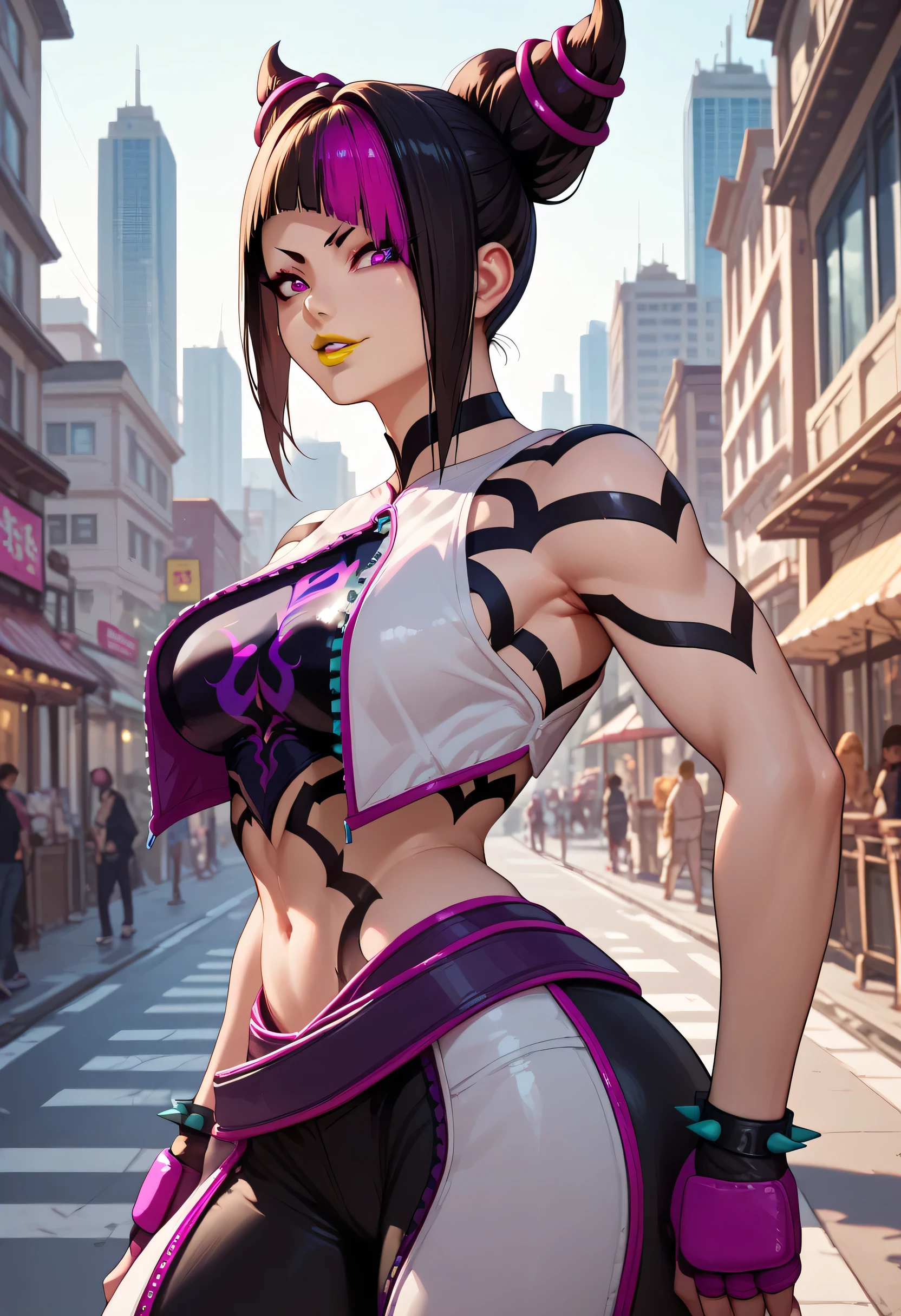 woman, big breasts, yellow lipstick, anime style, white skin, black hair, purple eyes, strong, bangs, city, Juri han 