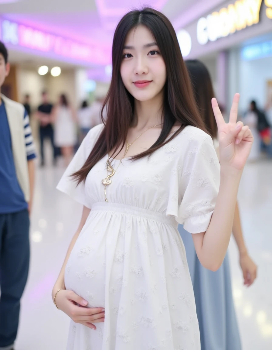 Beutiful women,Fiddling with your phone in the middle of the street,Short clothes,Pregnant women in labor Young sexy White skin