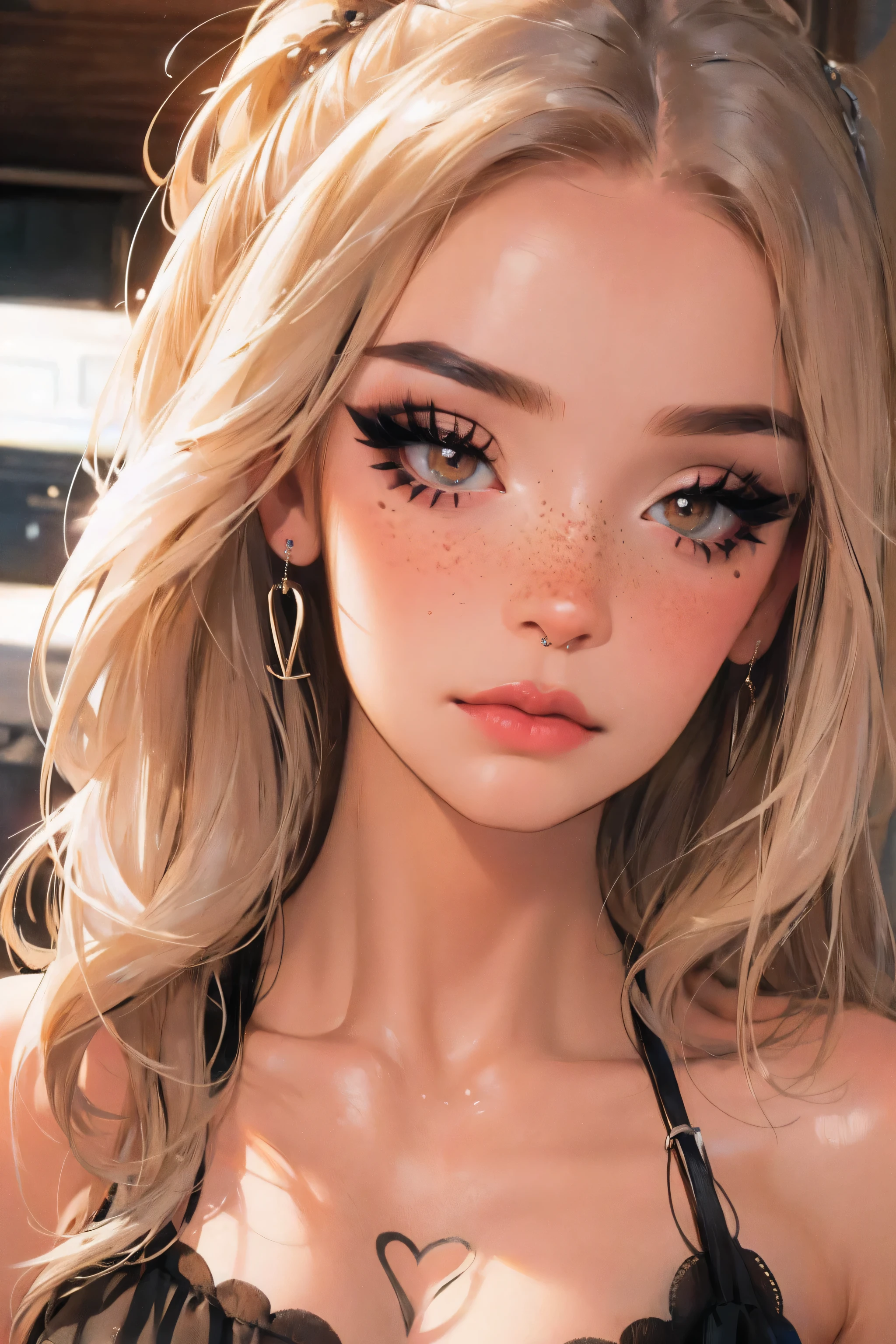 24 year old girl, influencer, model, beautiful, mascara, nose blush, freckles,  tube top, piercings, tattoos, slender, slim, (realistic, masterpiece)