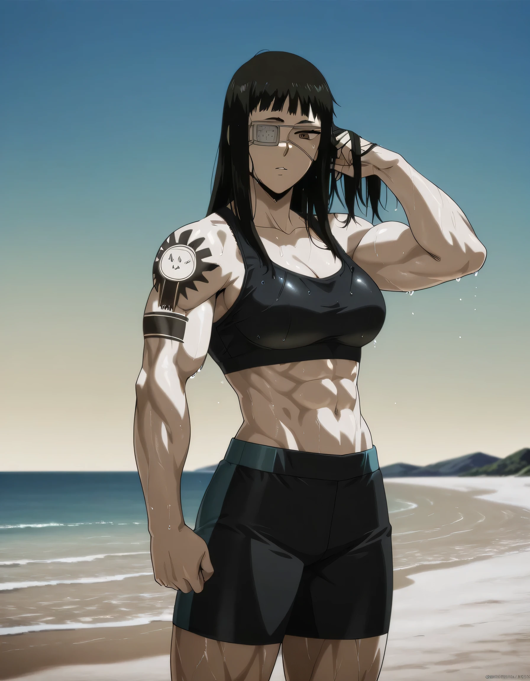 1girl,solo,mm,mature female,black hair,eyepatch,brown eyes,medium breasts,anime coloring,long hair,
muscular,black tight sport bra and black tight sport Elastic shorts,cowboy shot, hand in own hair, wet,beach, tattoo, 
,masterpiece,best quality,amazing quality,,muscles and,muscles lines,muscles big size,pelvis muscles,strength muscles looking,dynamic air,Valmet handsome face,Shining abs and shoulders,eight-pack,iron muscles,