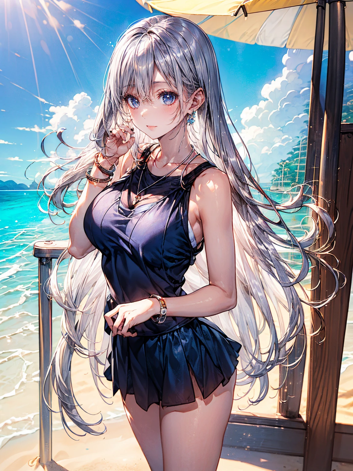 (Masterpiece:1.2, high quality), (pixiv:1.4), (1girl:1.2), (solo:1.2), (smooth:0.8), beautiful woman, (mature), pale white skin, red cheek, blush, (smile:1.2), silver hair, side fringes, bangs, wavy hair, (strand braids), hair clips, hair over eyes, black eyes, (detailed eyes), symmetrical eyes, black eyeshadow, glossy lips, pale pink lips, parted lips, symmetric face, round earrings, (looking away), mole on chin, plunging neckline, pendant, blue dress, luxurious dress, slit dress, shoulder straps, collarbone, neckline, luxurious, slender arms, (beautiful round breasts:1.2), detailed cleavage, slim waist, professional photography, dynamic pose, bent forward, best quality, (absurdres:1.2), ultra-detailed, HD, 1080, 4k, 8k, intrinsic details, shiny blue sky, aesthetic outdoors, sky background, sea side, bridge, view from below, (pov thighs), wind blowing hair, vivid colors, dynamic lighting, ((detailed face)), blurry background, highly focused face