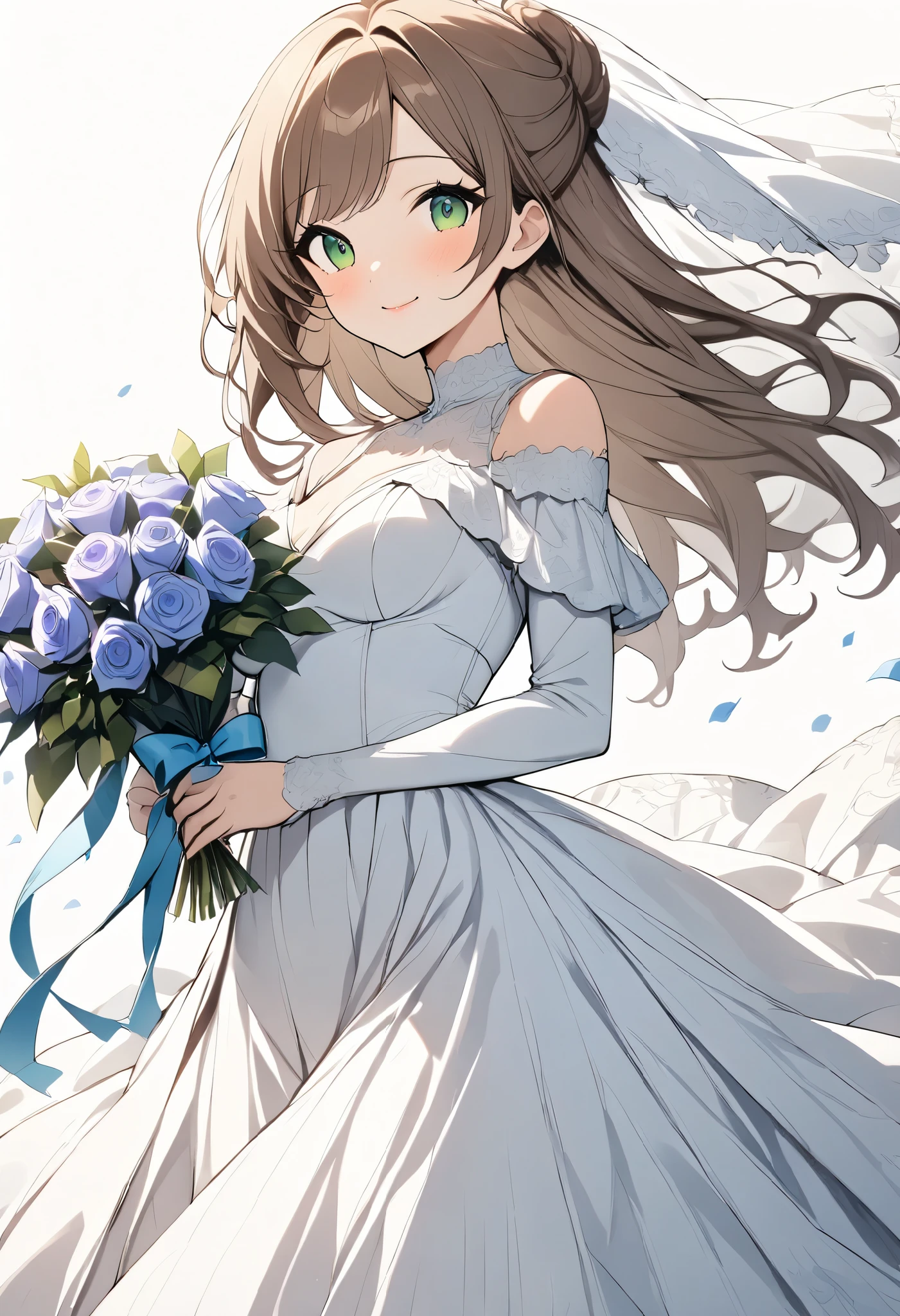 {{masterpiece、 Attention to Details, perfect eyes}}、((White background,from front, cowboy shot)) 1 woman、brown chignon hair 、 long hair、 green eyes、we have、 medium breasts、bride、 empire line dress、 Long Skirt、 Wedding Veil 、smile、 Holding a Bouquet 、lipstick、 Eye Shadow、 closed mouth、
