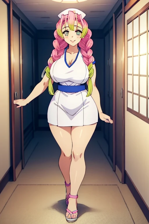 Haruno Sakura, long hair tied low, hair band, Pink hair, hana purple eyes, beautiful, beautiful woman, perfect body, (((thick thighs))), perfect breasts, wearing white pajamas, pajamas, sleepwear, in the kitchen, clear kitchen, looking at the audience, a slight smile, realism, masterpiece , textured leather, super detail, high detail, high quality, best quality, 1080p, 16k