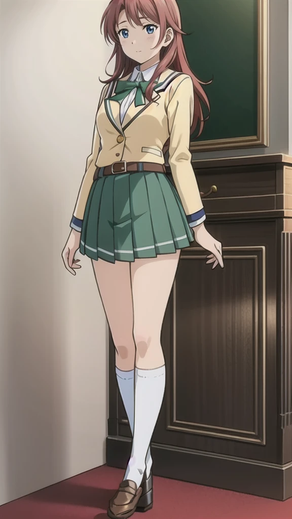 - Character, ((full body)), high resolution, stable diffusion, genshin impact style, 1 girl, elf, elf princess, long brown hair, hime cut, curly hair, hazel green eyes, breasts medium, hip bones, medium hips, collarbone, elven outfit, green blouse, scholar blouse,, ((green skirt)), , tight thigh stockings, gold high heels , spread legs, standing, pride sprexion, smile, gambere (nagatoro dance)
