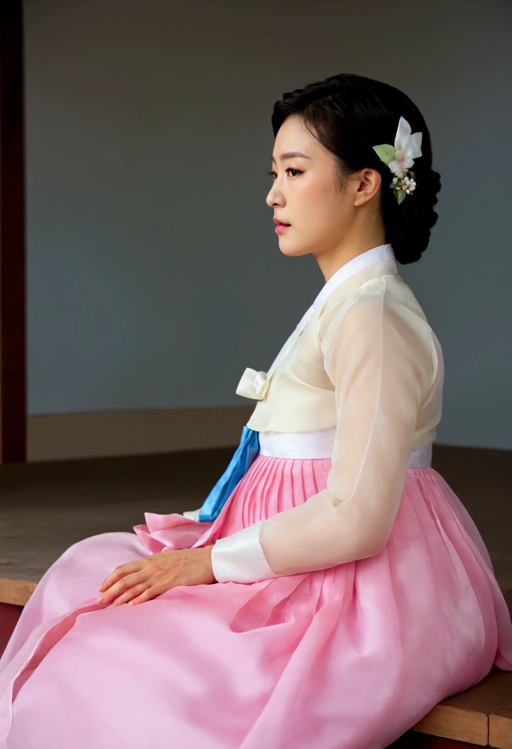 A Korean man in women's hanbok, hi is crossdresser, His face and hairstyle are very masculine, silk, Mother of the Bride hanbok Dress Outfit, breasts like a woman, white, slender female body, sexy see-through jacket, pink and white, satin, little side view, full body shot, sit quietly