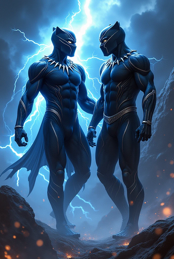 The imposing superhero Black Panther faces off against a fierce, majestic panther.. Both figures exude raw power as they prepare for a fusion, Surrounded by whirlwinds, mystical energies in a Wakandan setting. The anticipation of their merger is palpable. A blue aura that begins to intertwine.