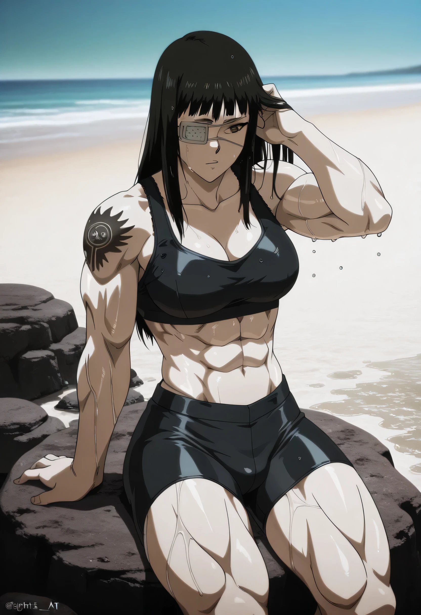 1girl,solo,mm,mature female,black hair,eyepatch,brown eyes,medium breasts,anime coloring,long hair,
muscular,black tight sport bra and black tight sport Elastic shorts,cowboy shot, hand in own hair, wet,beach, tattoo,
,masterpiece,best quality,amazing quality,,muscles and,muscles lines,muscles big size,pelvis muscles,strength muscles looking,dynamic air,Valmet handsome face,Shining abs and shoulders,eight-pack,iron muscles,having a penis inside her pants,Bulge between legs indicates penis in shorts,Barefoot, sporting attractiveness sexual attractiveness,sitting on rock