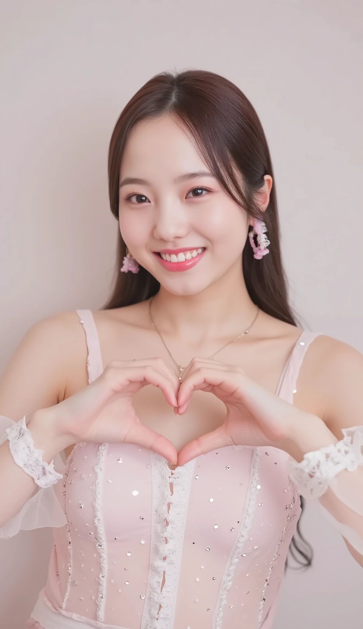 She wears a camisole and poses with her hands in the shape of a heart in front of her chest、 Cute Smile Up、 The background is plain、 HD、細部にわたって HD