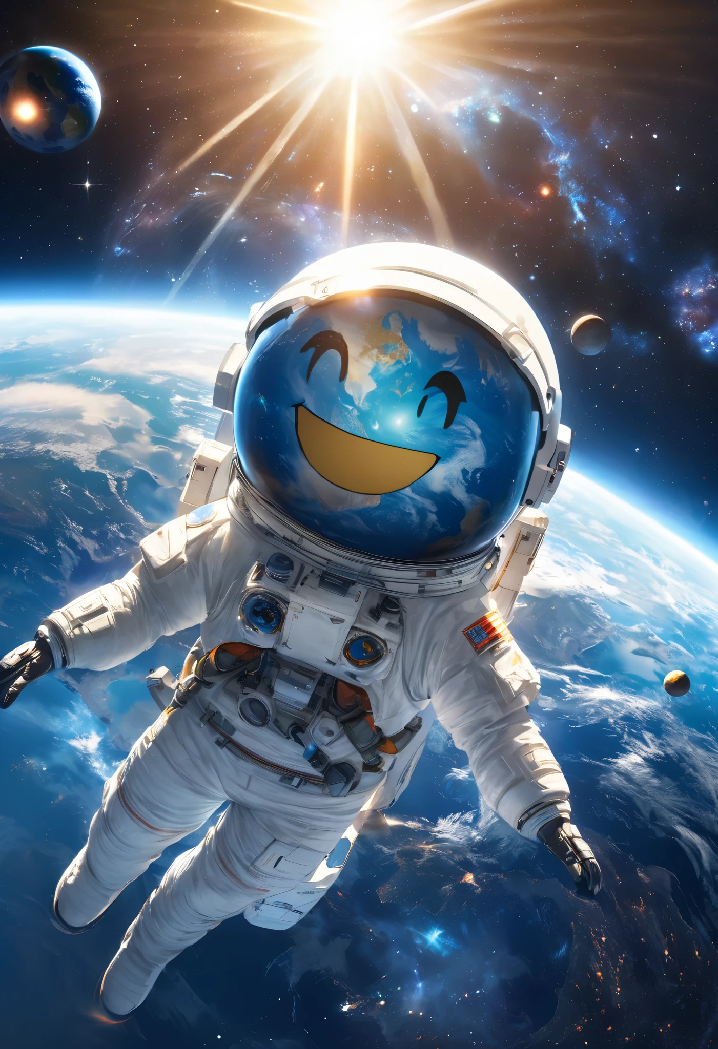 digital art, wallpaper, Dynamic shot from the front , The blue earth bathed in the sun's sunlight is looking at us with a very cute smile, Earth character floating in outer space , Aesthetic galaxy background , Multiple Exposure, Best Smile Marks, concept art,