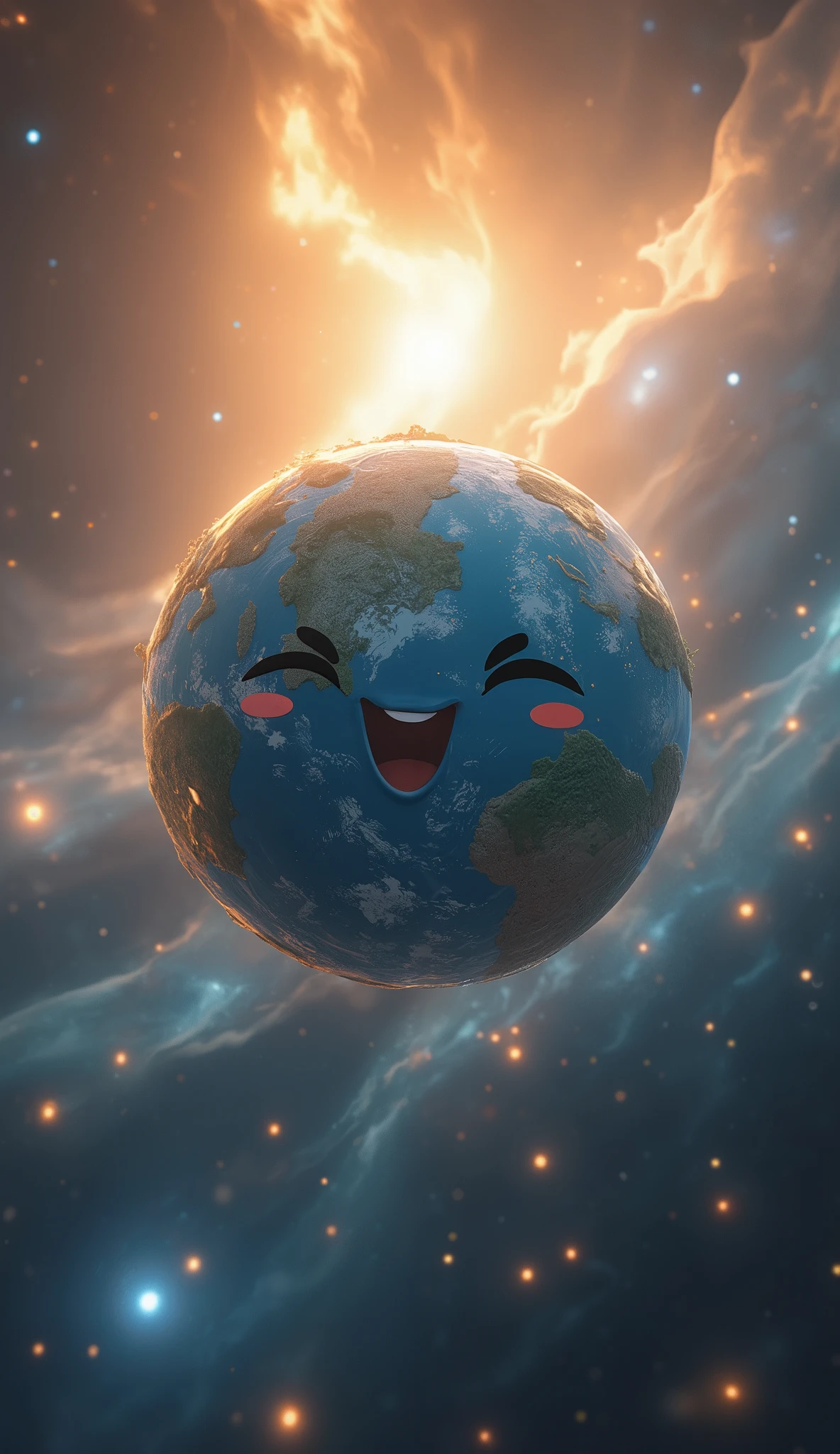 digital art, wallpaper, Dynamic shot from the front , The blue earth bathed in the sun's sunlight is looking at us with a very cute smile, Earth character floating in outer space , Aesthetic galaxy background , Multiple Exposure, Best Smile Marks, concept art,