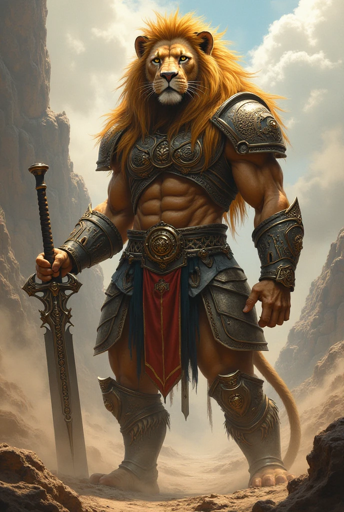 Best quality, a portrait of a lion with black fur, extremely detailed, animal skin leather armor, holding a sword in his right hand and an ax in his left hand, roaring with fury, savage warrior, full body, standing, tall , intense gaze, about to go into battle, in a wild field, with many trees, rays of light on him in a battle scene