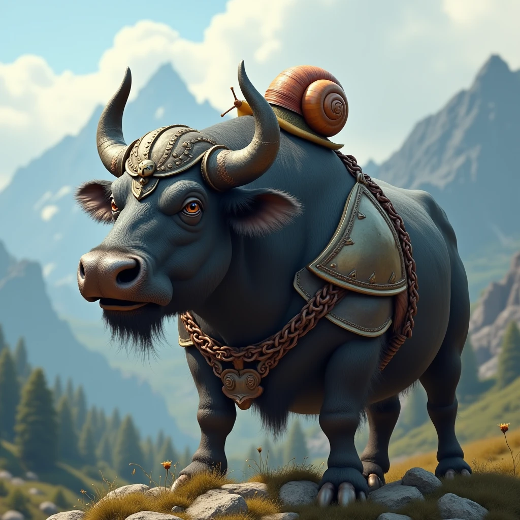 Personnage inspiré d'une vache cartoon avec des tache marrons est blanche des corne fine sur sa tête des soulier noir est blanc sur s'est sabot des sabot en main une bague d'or sur sont nez est que le personnage a un côté un de cartoon avec le fait qu'il soi très très grand est musclé avec sont corps de vache est une têtes de vache magnifique des yeux marron est noir