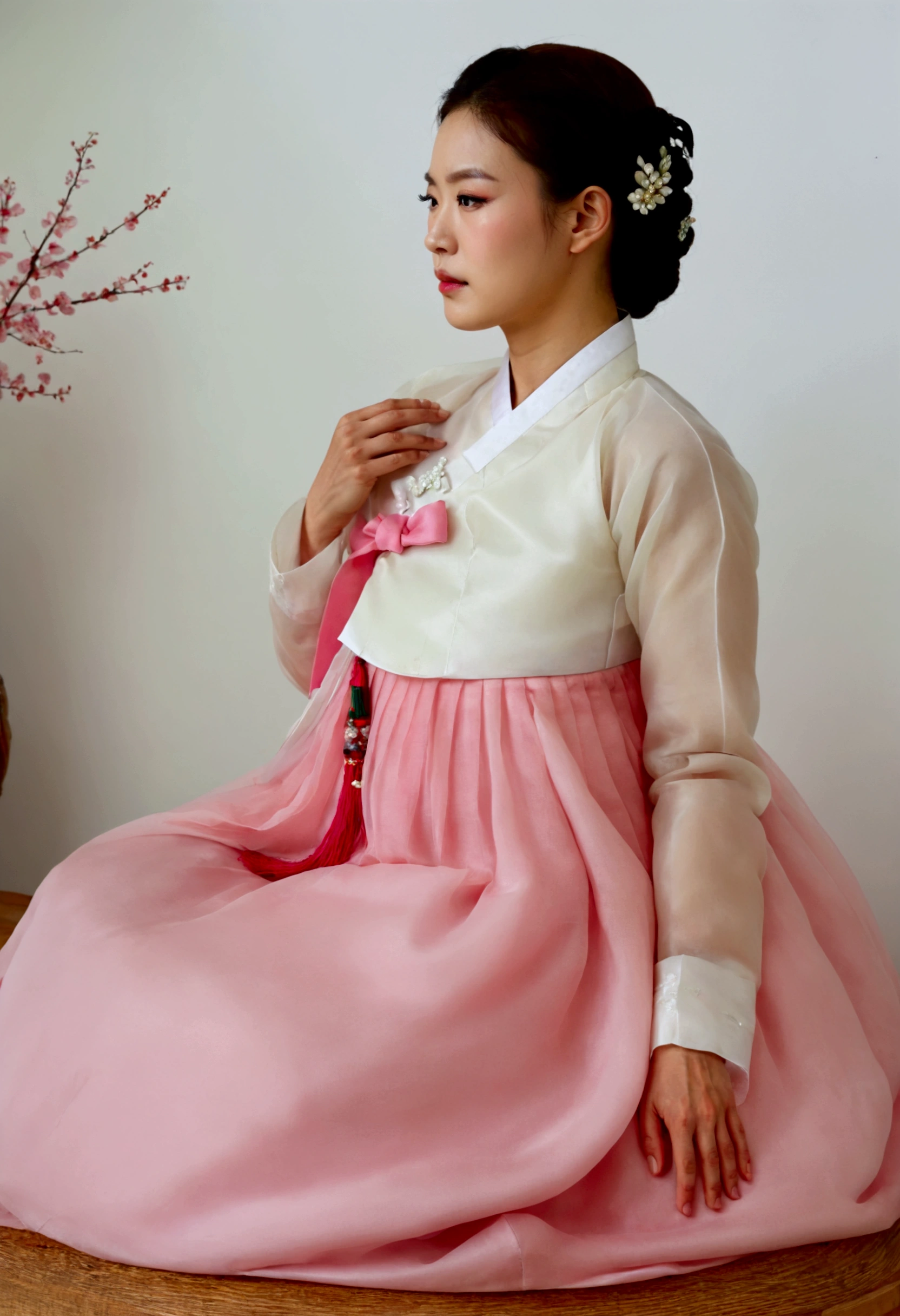A Korean man in women's hanbok, hi is crossdresser, His face and hairstyle are very masculine, silk, Mother of the Bride hanbok Dress Outfit, breasts like a woman, white, slender female body, sexy see-through jacket, pink and white, satin, little side view, full body shot, sit quietly