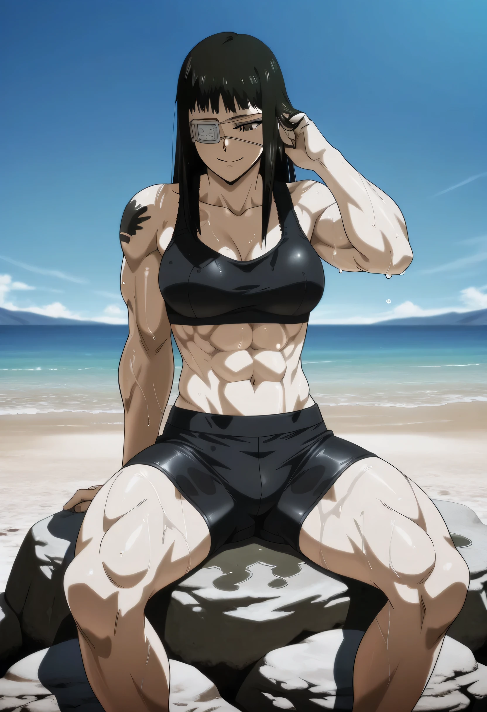アニメ cel-shading Akame, bikini, on the beach in ((anime + manga + comics + cartoon) style)
