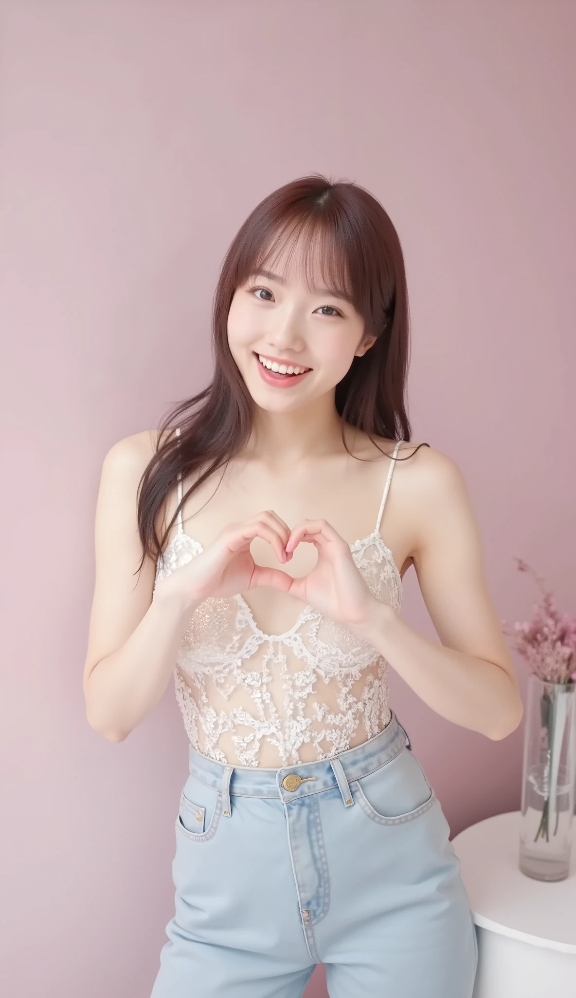 She wears a camisole and poses with her hands in the shape of a heart in front of her chest、 Cute Smile Up、 The background is plain、 HD、細部にわたって HD