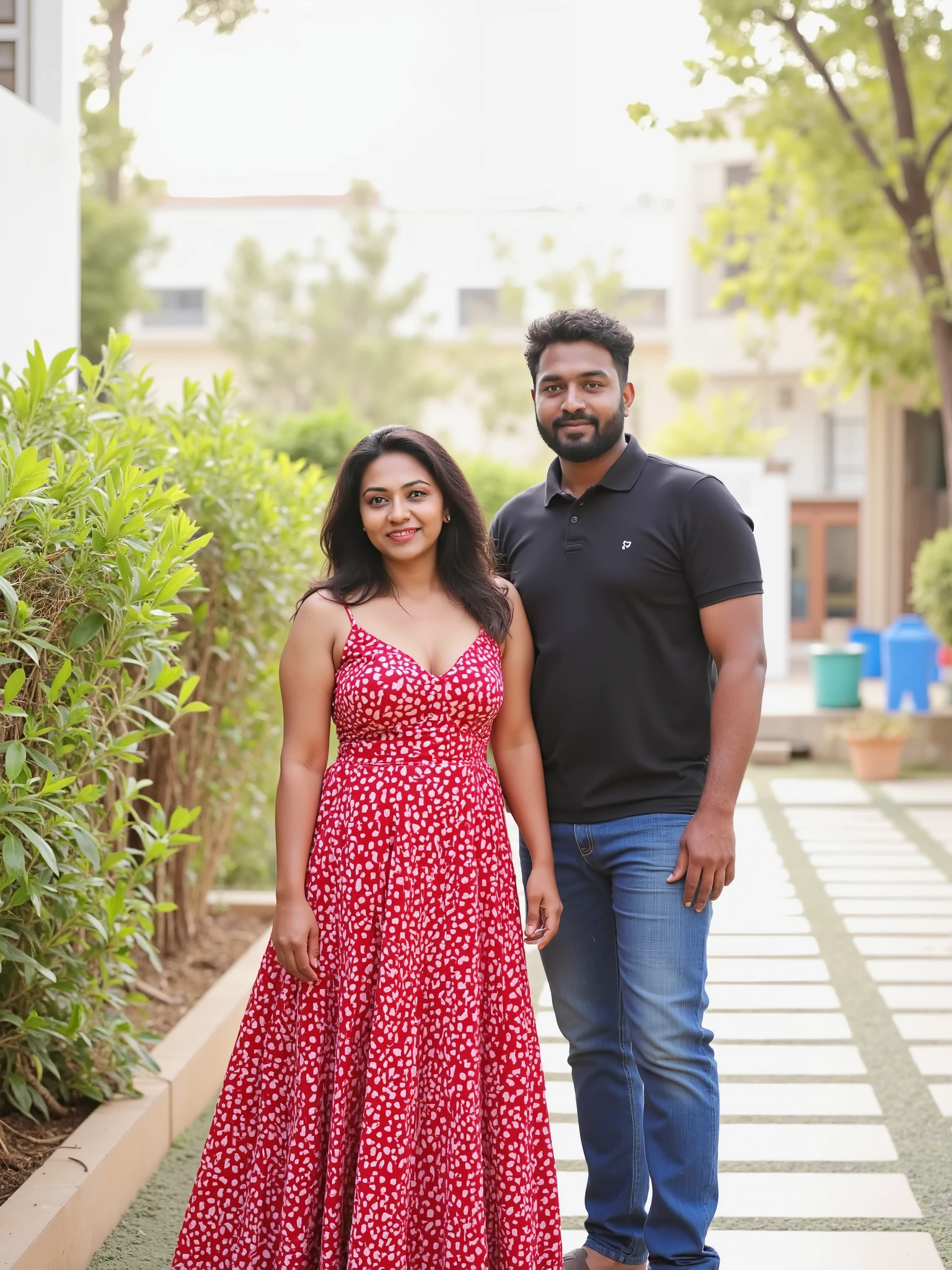 photo of kerala mallu straight couple gokul and reshma in home outdoor kerala.Reshma is hourglass shaped.reshma is average sized body and perfectly fit body figure with big and indian fair skin tone and black hair and wearing red printef sleeveless blouse and frock and showing deep cleavage .male gokul wearing black colour polo t shirt and blue jeans pants with beard.Realistic photo.Realistic photo. High quality photo.photo taken in nikon camera.full size photo.indoor photo.front photo.full size photoLooking at viewer,