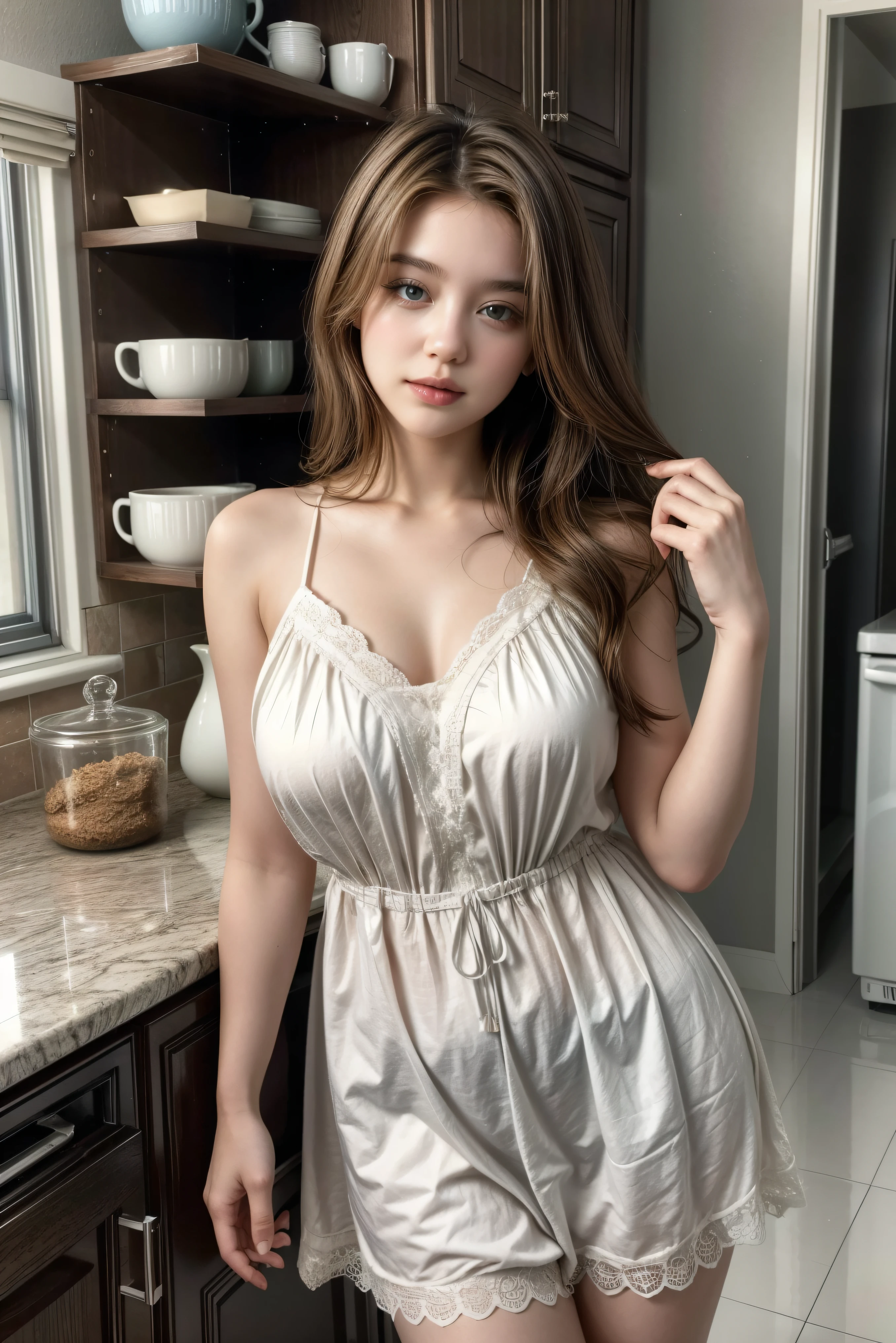 hyper-realistic digital artwork featuring an ancient farmer woman in a nightgown, exuding timeless beauty and elegance. Emphasize the women's agriculture theme, portraying her in a kitchen setting. Capture a middle-aged beauty with detailed skin textures, particularly focusing on a voluptuous body shape, big red lips, and a warm, inviting smile. Ensure the artwork has high-level image quality, very delicate and detailed skin texture, and a realistic portrayal of the woman's long, fluffy blond hair. Pay attention to the minutiae, such as a large cleavage and a large open neckline in the red nightgown. Achieve an overall high resolution and realistic rendering, with a special emphasis on the detailed green iron and the expressive beauty of the subject. The final image should exude an immersive and enchanting atmosphere, combining elements of ancient charm and contemporary realism