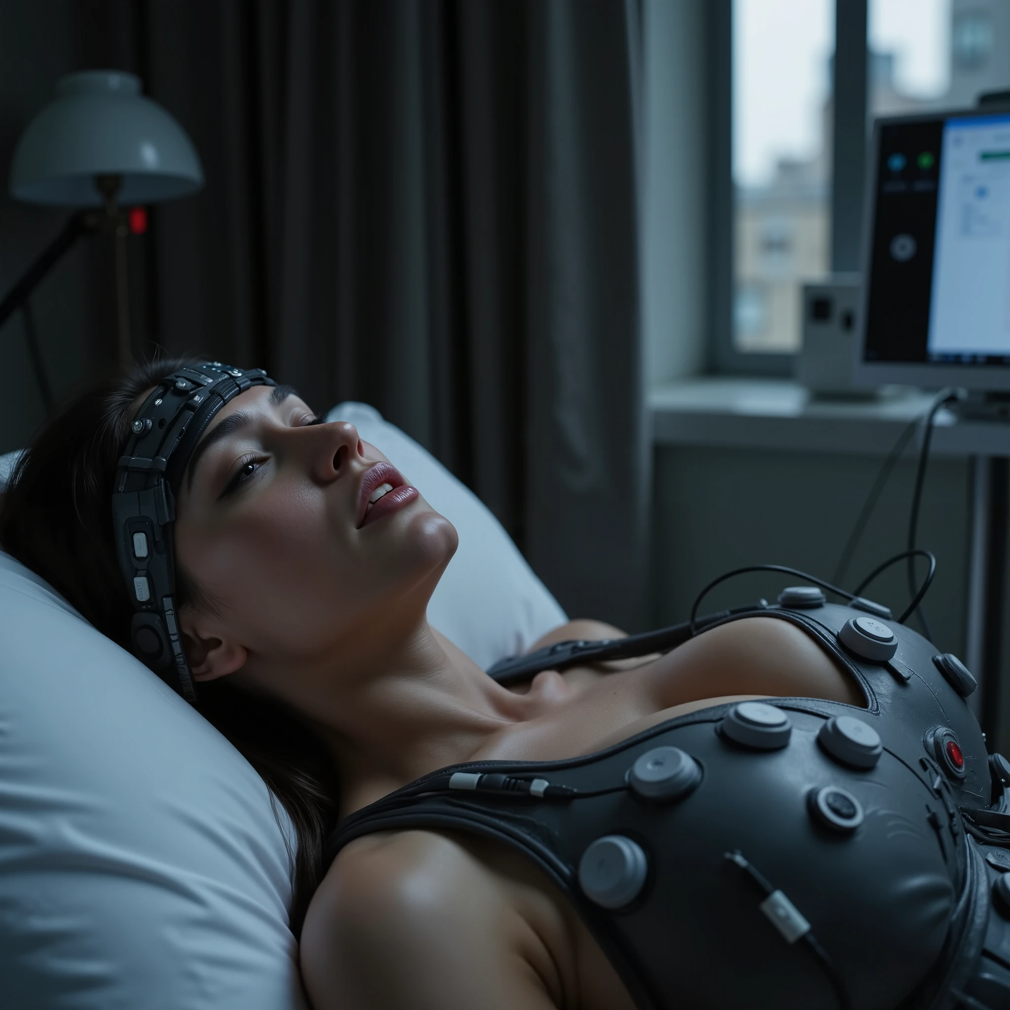 (ultra sharp electrotherapy photo, photorealistic view) of natural ((((((fullbreasted)))))), sexslave (blackhaired Isabella Rodriguez), ((((((natural unmade face, pale colourless lips, natural skincolour)))))), (((fainting face, close up))), ((((closed eyes, sneezing, maximum orgasm, wide open mouth screaming close up)))), (((((leaning back on bed))))), tight waist, ((((((enormous huge melonsized breasts complety covered by grey latex electrodes with cables)))))), ((((fully clothed, sfw, completely covered by closed dark grey latex electrostimulationsuit completely covered by many integrated electrodes with cables electrical controlboxes)))), ((((EEG with electrodes and cables on rubber headband over forehead with cyberinterface, [[or tight cyberhelmet]] with electrobox plugs cables)))), ((inside dark modern mindcontrol-laboratory with electropanels electrotherapy device, white light from side)). ((((hyper detailed)))), (((ultra sharp focus))), 8k, uhd, ((((realistic)))), hdr (((((colours low saturation))))), (((((low contrast))))), ((((pale ultra realistic natural colours))))