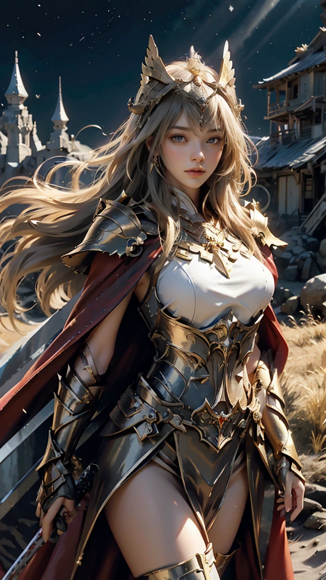(Masterpiece, Top Quality, Best Quality: 1.2), (One majestic figure), (Dressed in brown armor, meticulously crafted with intricate patterns and rustic texture), (Wearing a Greek helmet with a crested resemblance of corn stalks, symbolizing Demeter's agricultural deity figure), (Her powerful and symmetrical figure, contrasting the armor's rigidity), (Her muscular form showcased, including her broad shoulders and strong back), (Her face is stern but compassionate, embodying Demeter's motherly nature), (Her eyes are focused, displaying a deep sense of resilience), (Her features are highly detailed, from her