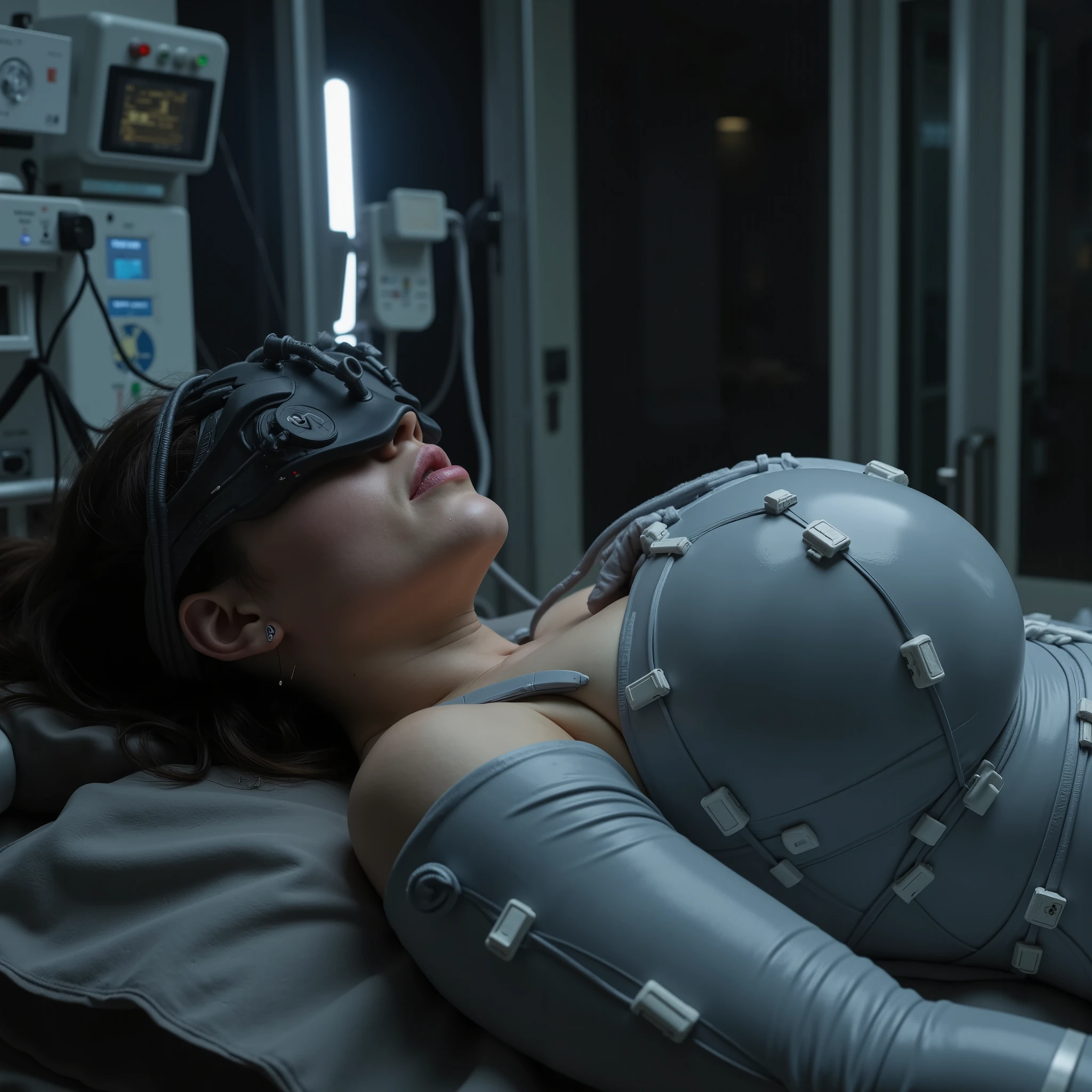 (ultra sharp electrotherapy photo, photorealistic view) of natural ((((((fullbreasted)))))), sexslave (blackhaired Isabella Rodriguez), ((((((natural unmade face, pale colourless lips, natural skincolour)))))), (((fainting face, close up))), ((((closed eyes, sneezing, maximum orgasm, wide open mouth screaming close up)))), (((((leaning back on bed))))), tight waist, ((((((enormous huge melonsized breasts complety covered by grey latex electrodes with cables)))))), ((((fully clothed, sfw, completely covered by closed dark grey latex electrostimulationsuit completely covered by many integrated electrodes with cables electrical controlboxes)))), ((((EEG with electrodes and cables on rubber headband over forehead with cyberinterface, [[or tight cyberhelmet]] with electrobox plugs cables)))), ((inside dark modern mindcontrol-laboratory with electropanels electrotherapy device, white light from side)). ((((hyper detailed)))), (((ultra sharp focus))), 8k, uhd, ((((realistic)))), hdr (((((colours low saturation))))), (((((low contrast))))), ((((pale ultra realistic natural colours))))