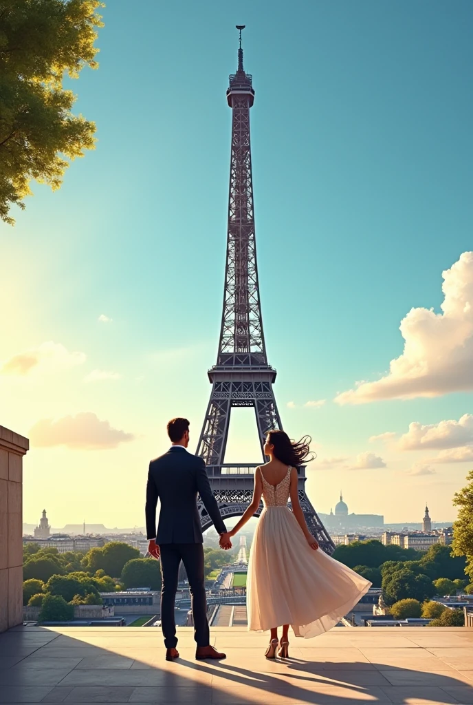 An image of a couple walking hand in hand along the Seine River, con la Torre Eiffel iluminada brillando en el fondo, capturing the romantic atmosphere of Paris at dusk